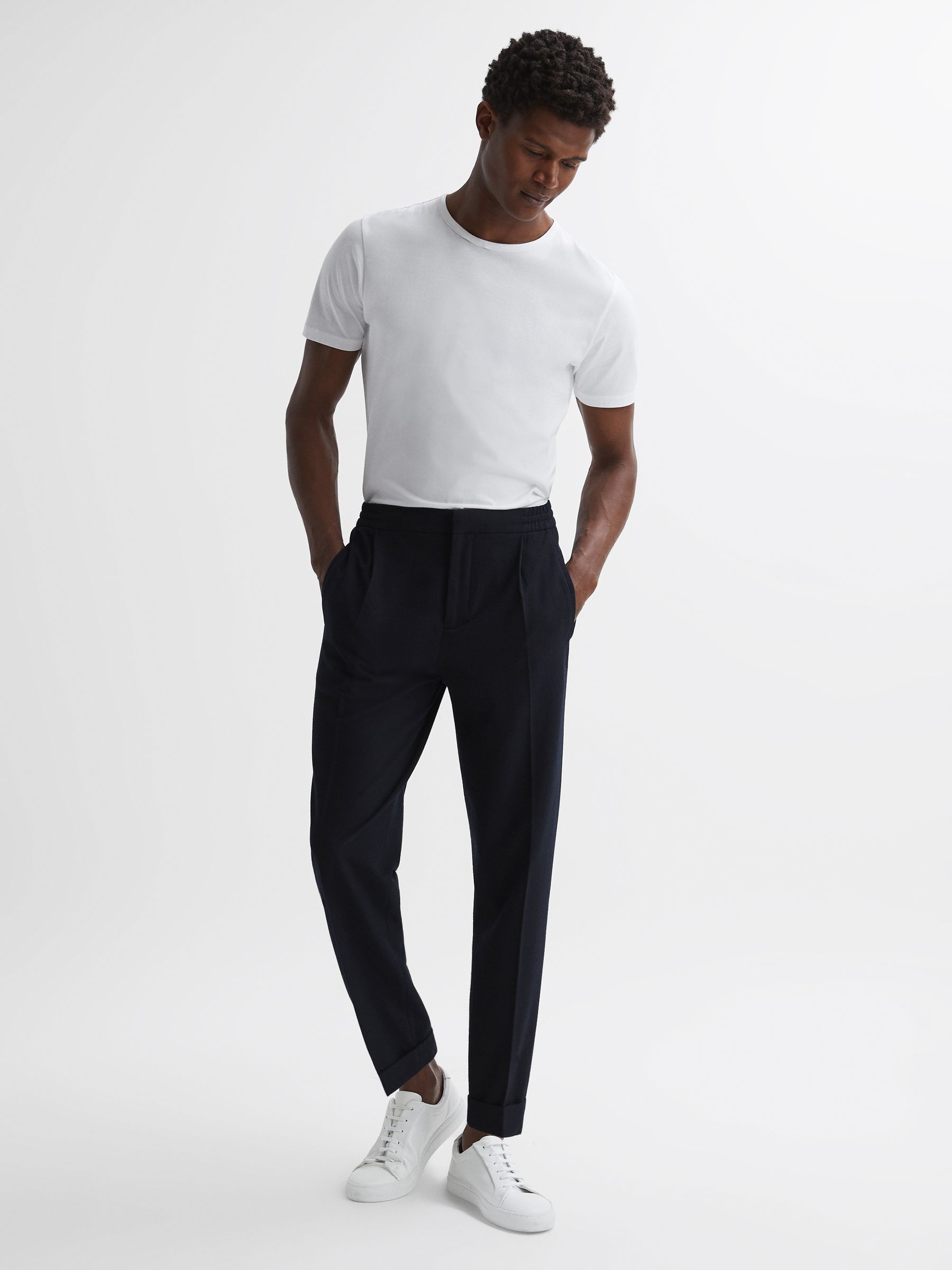 Seersucker Elasticated Trousers in Navy - Image 1 of 5