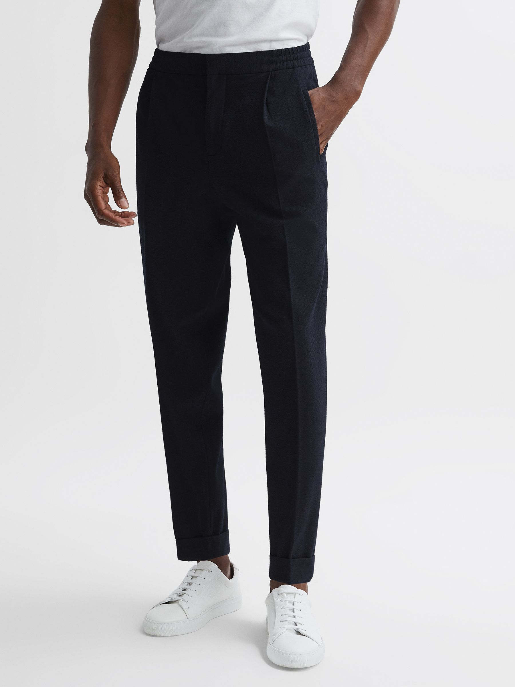 Seersucker Elasticated Trousers in Navy - Image 3 of 5