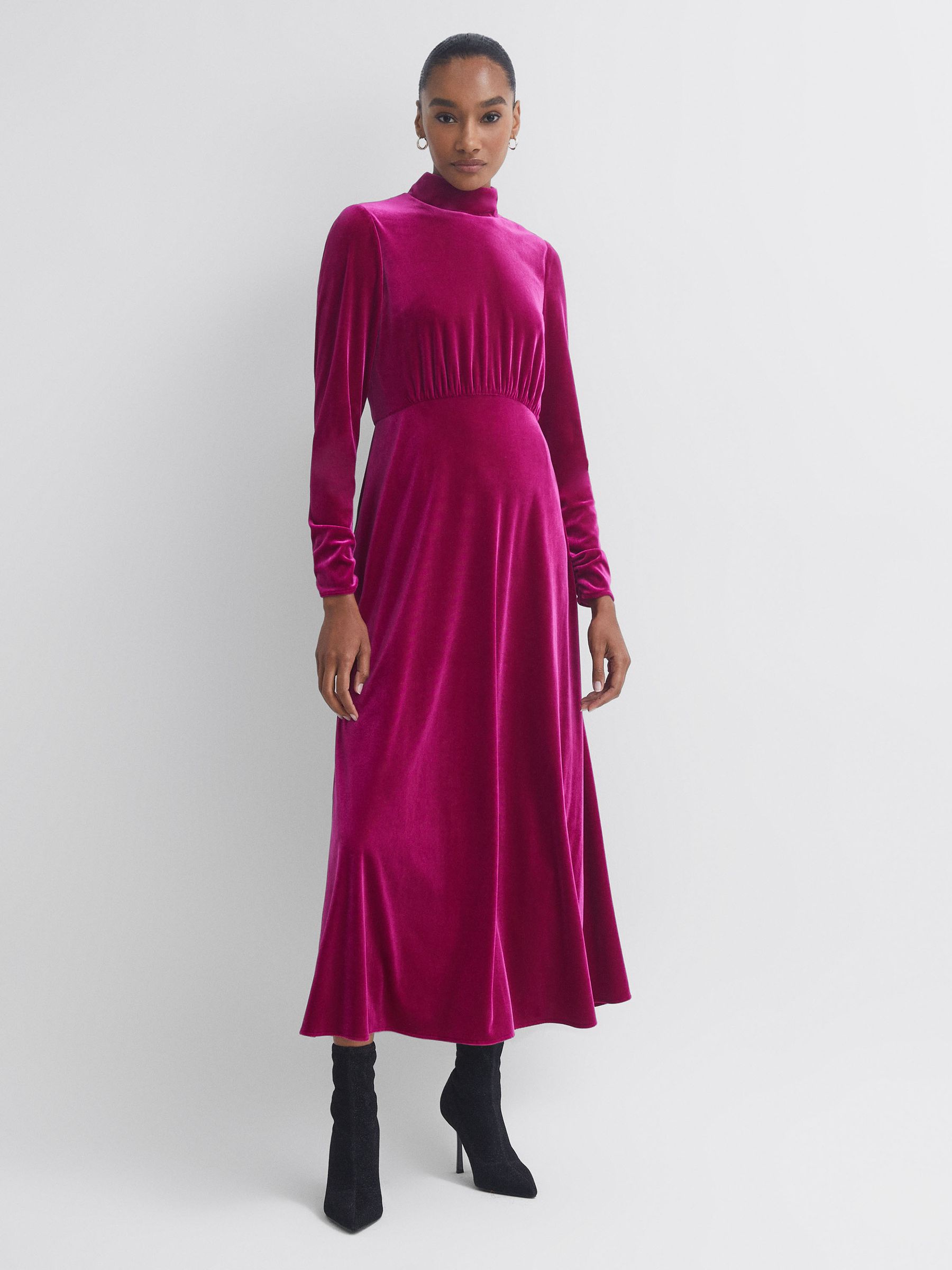 Florere Velvet Midi Dress in Bright Pink - Image 1 of 5
