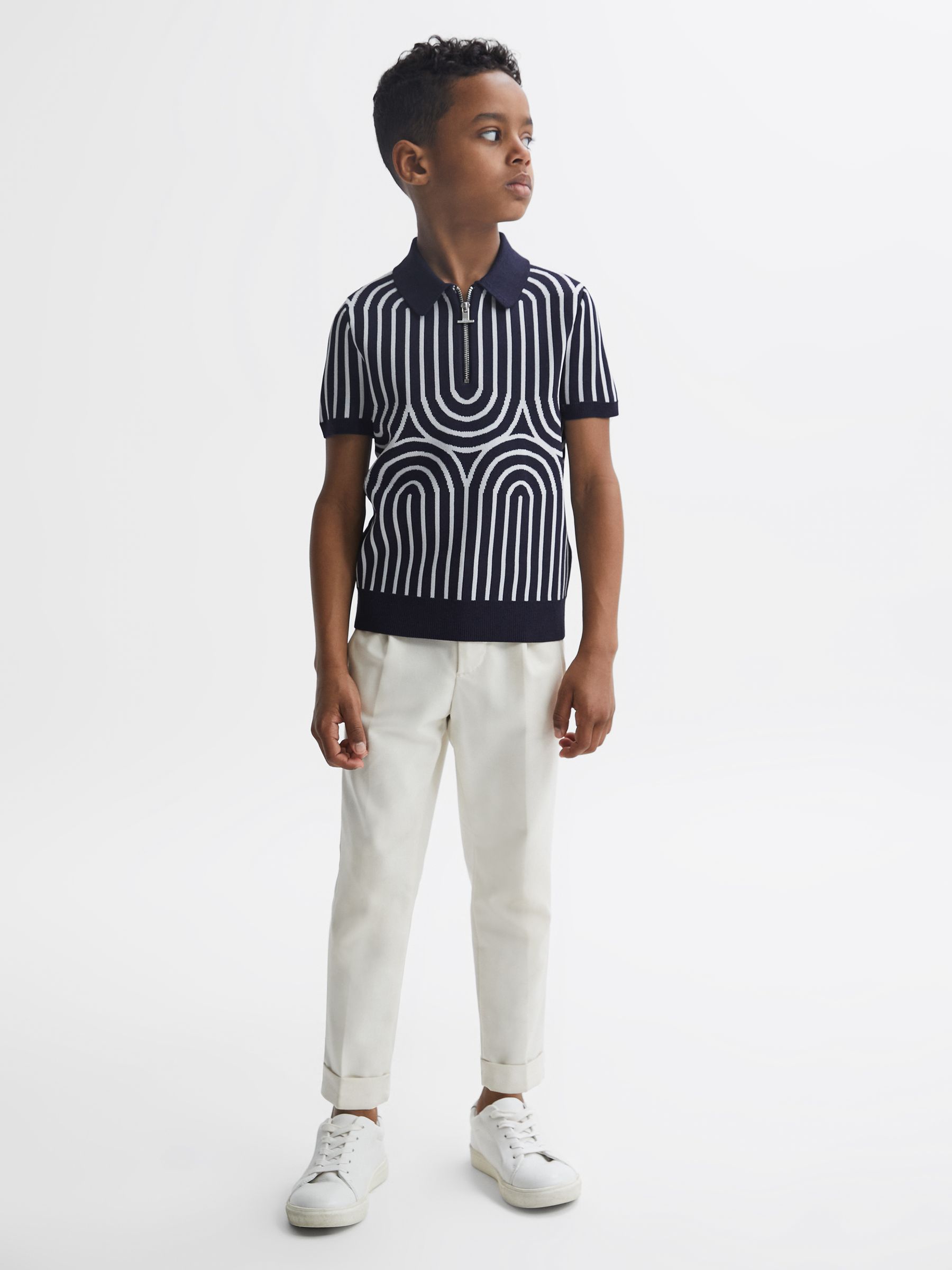 Half-Zip Striped Polo T-Shirt in Navy/White - Image 3 of 6
