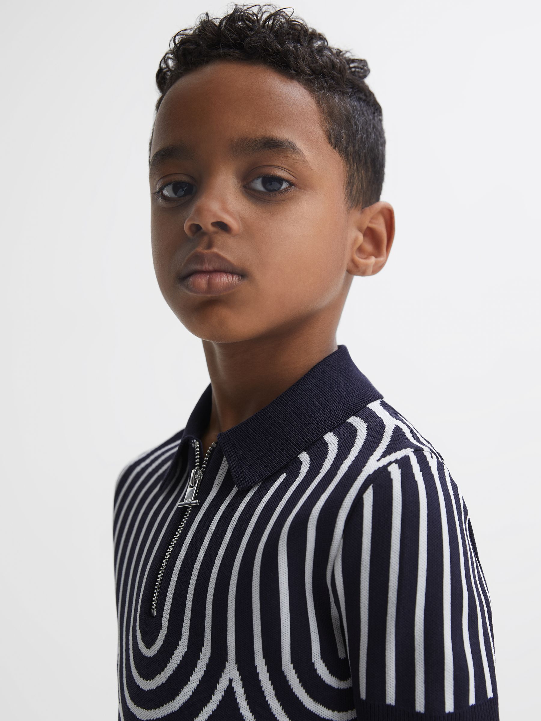 Half-Zip Striped Polo T-Shirt in Navy/White - Image 4 of 6