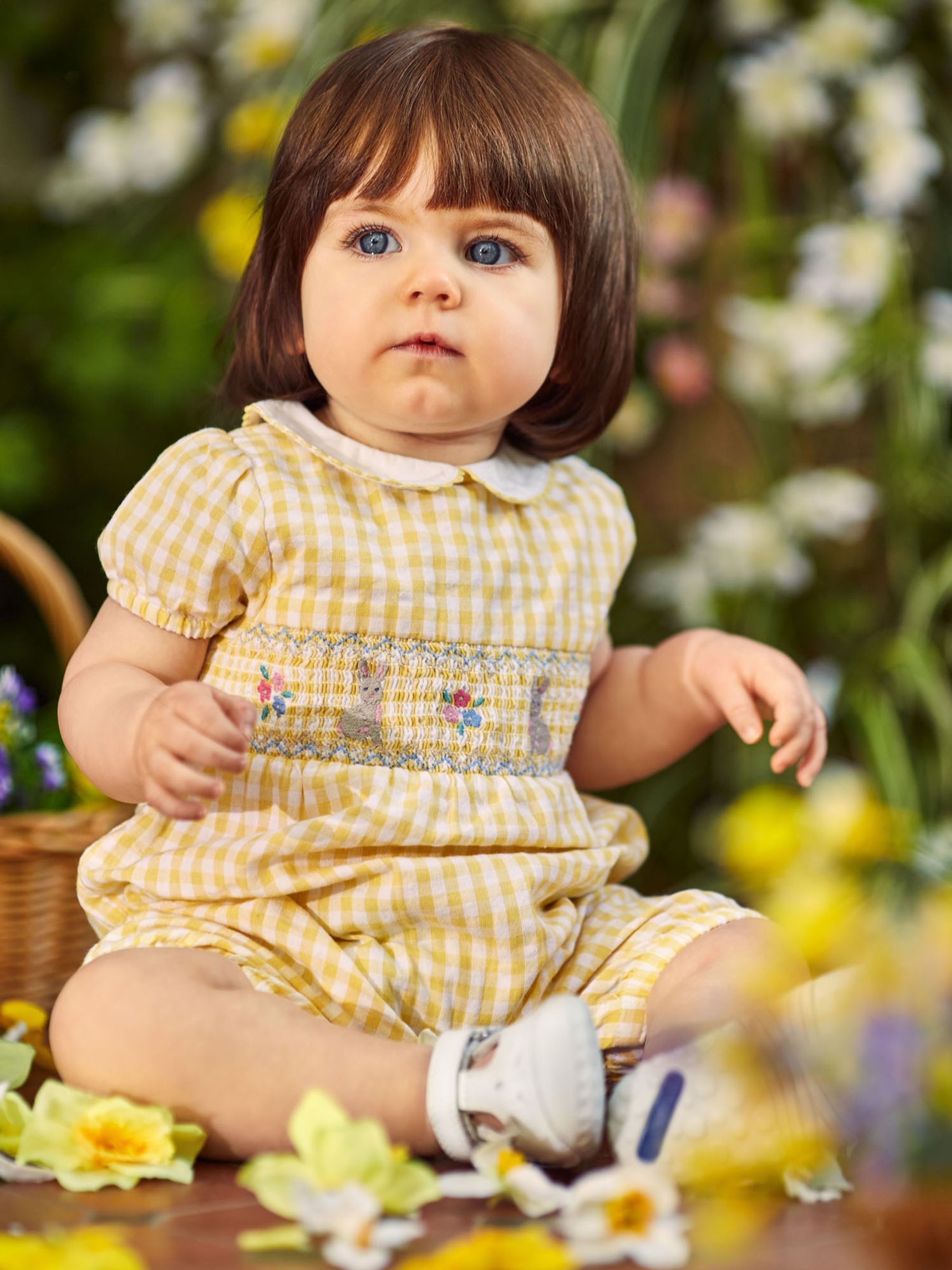 Yellow Gingham Embroidered Bunny Baby Romper - Image 1 of 3