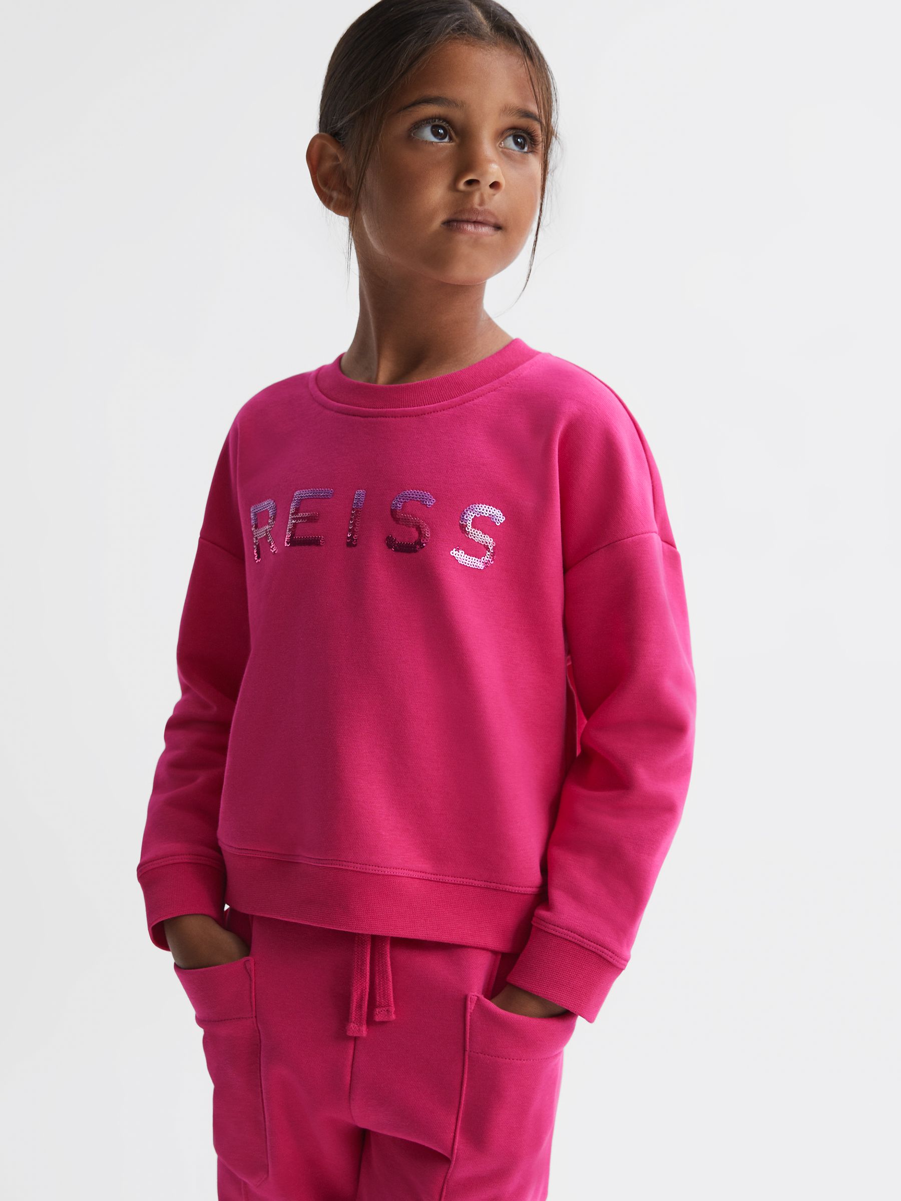4-9 yrs Sequin Crew Neck Jumper in Bright Pink - Image 1 of 6