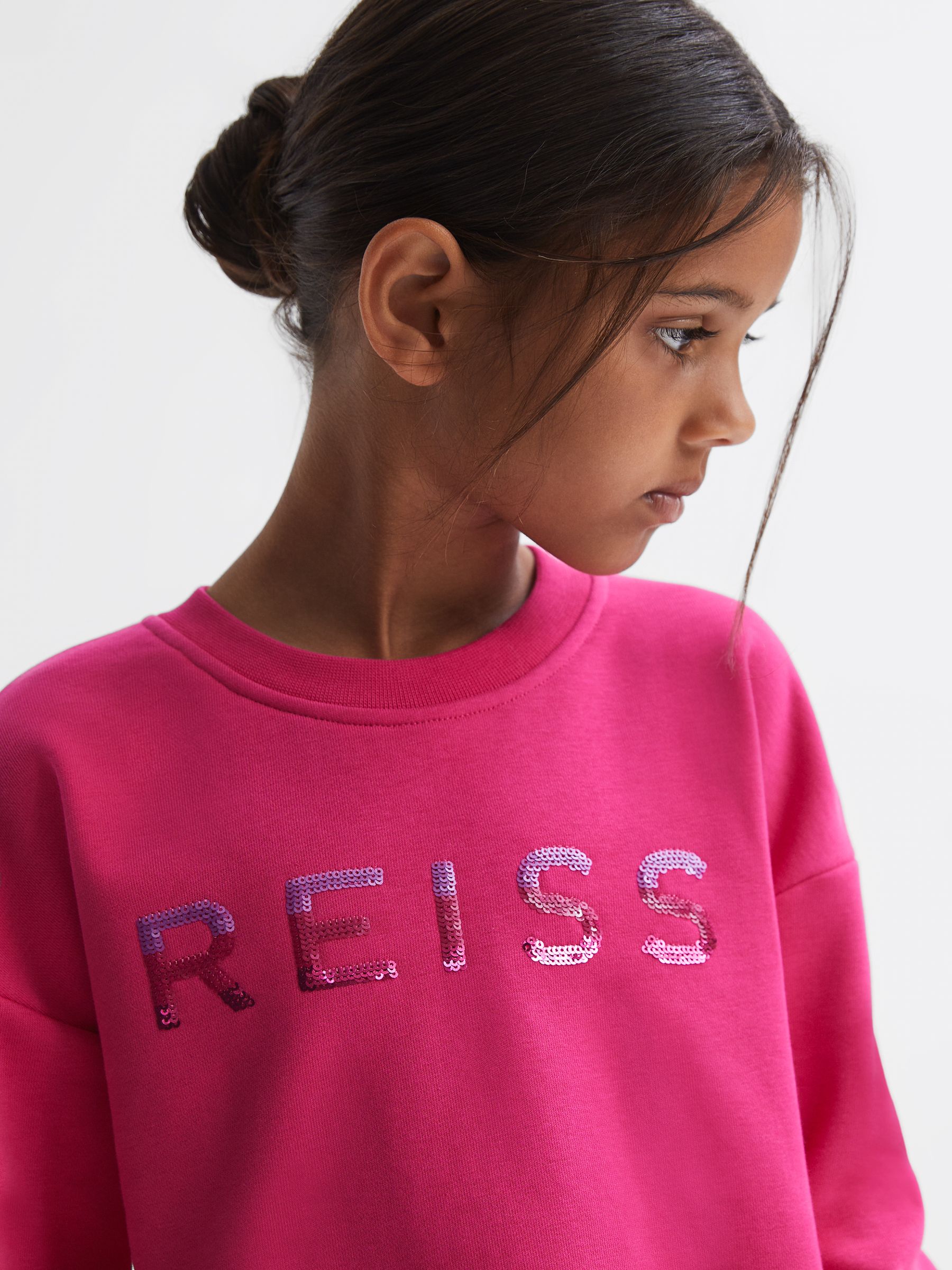 4-9 yrs Sequin Crew Neck Jumper in Bright Pink - Image 4 of 6
