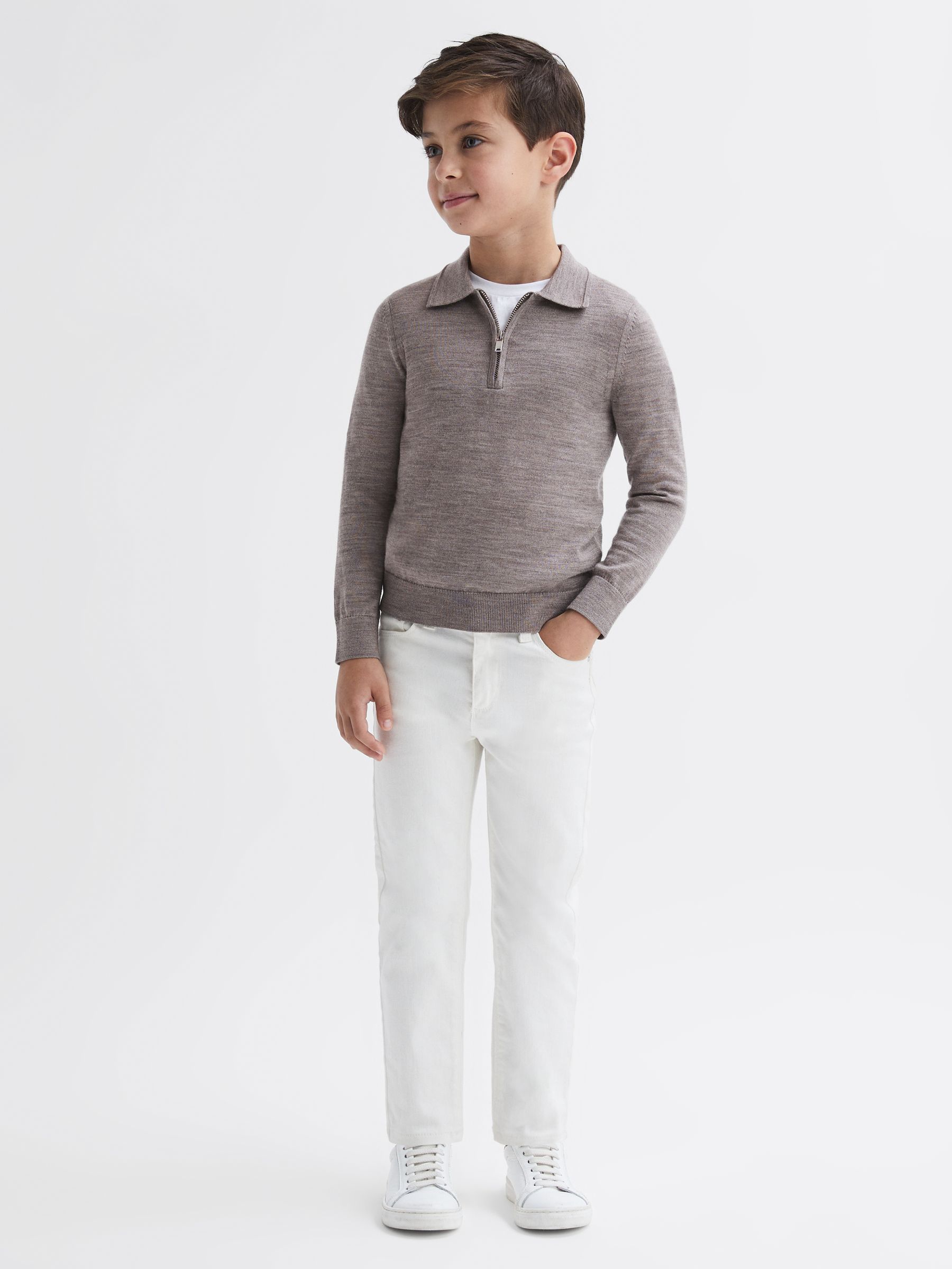 Junior Slim Fit Merino Wool Polo Shirt in Woodsmoke - Image 1 of 6