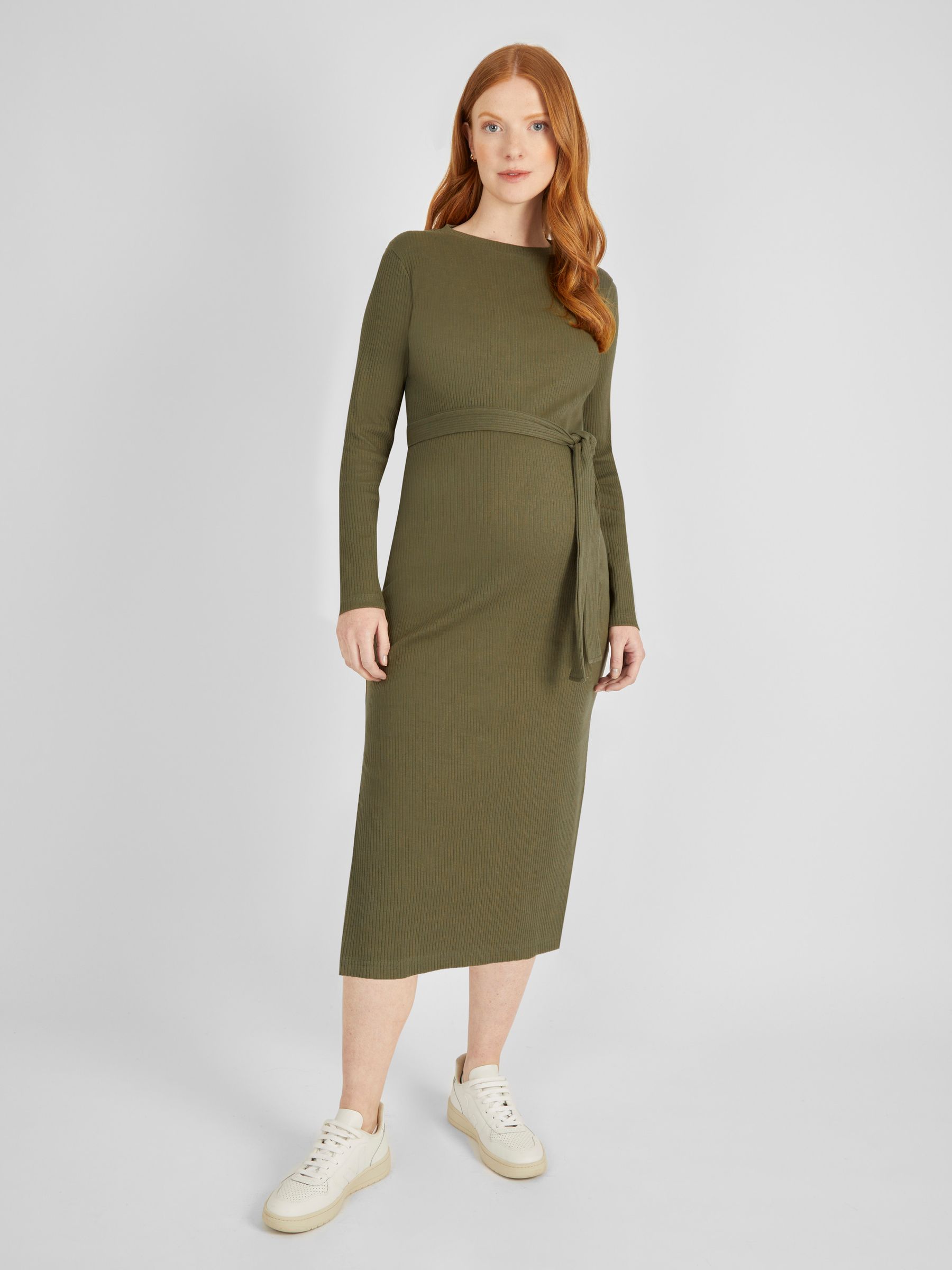 Khaki Green Ribbed Jersey Maternity Dress - Image 1 of 4