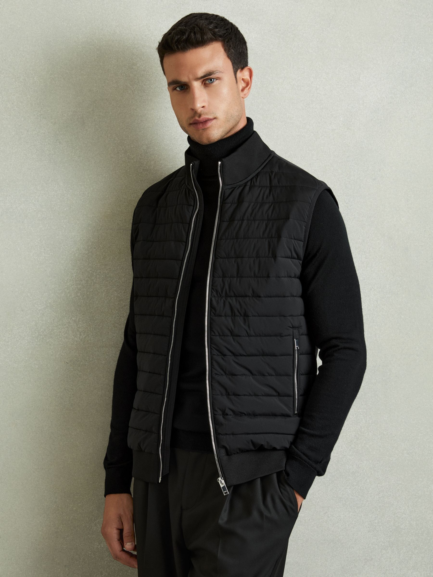 Hybrid Quilt and Knit Zip-Through Gilet in Black - Image 1 of 7