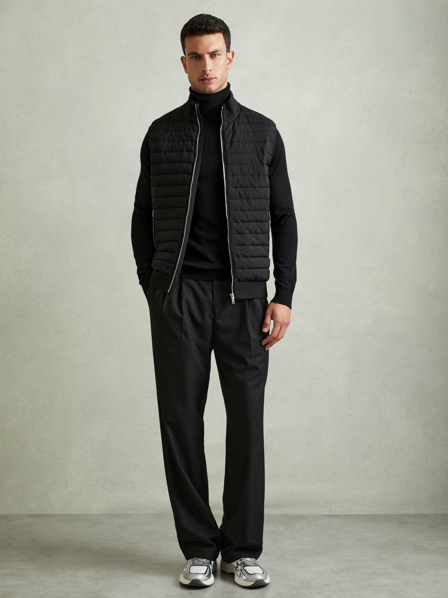 Hybrid Quilt and Knit Zip-Through Gilet in Black - Image 3 of 7