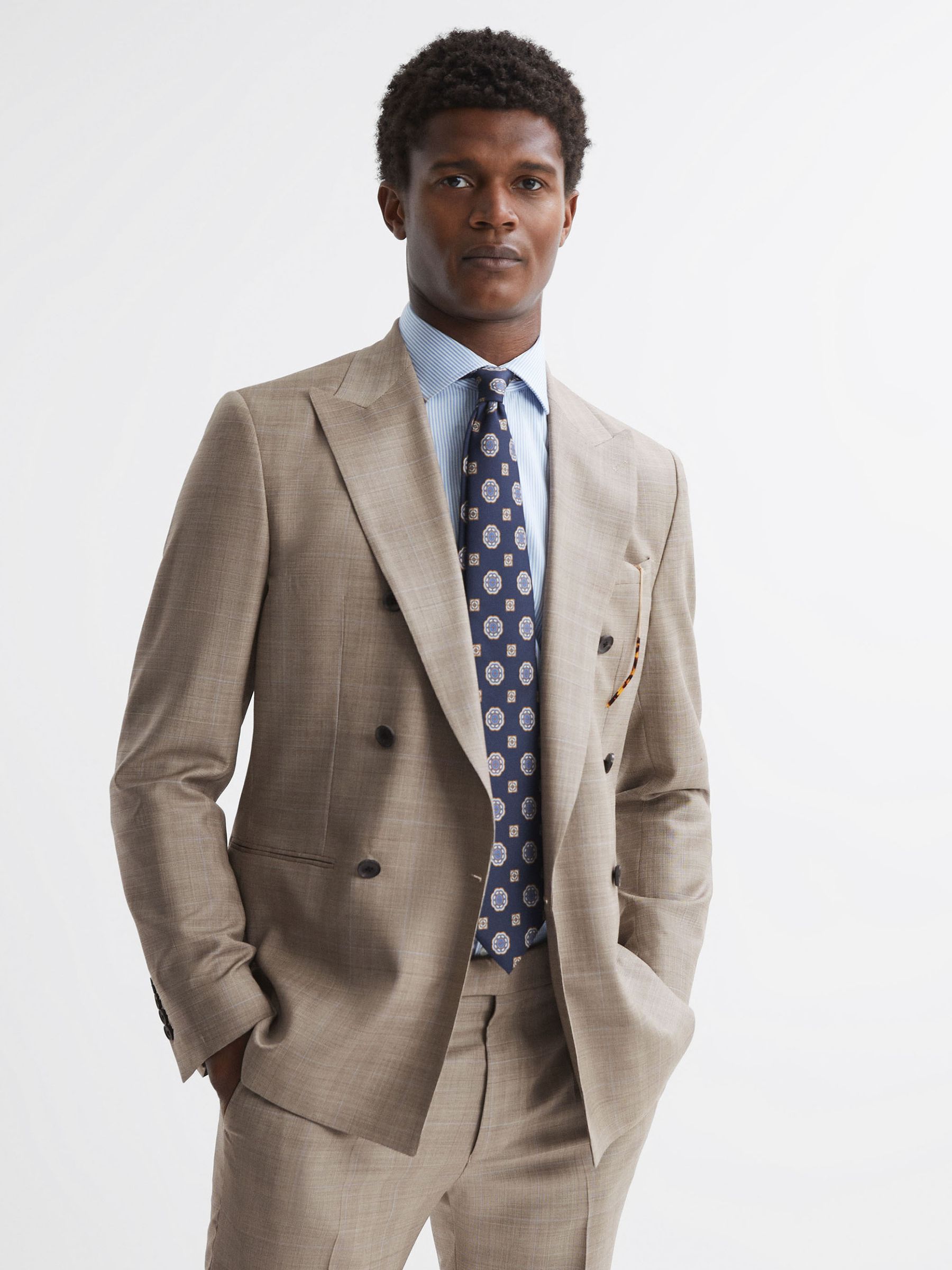 Slim Fit Double Breasted Checked Blazer in Oatmeal - Image 1 of 7