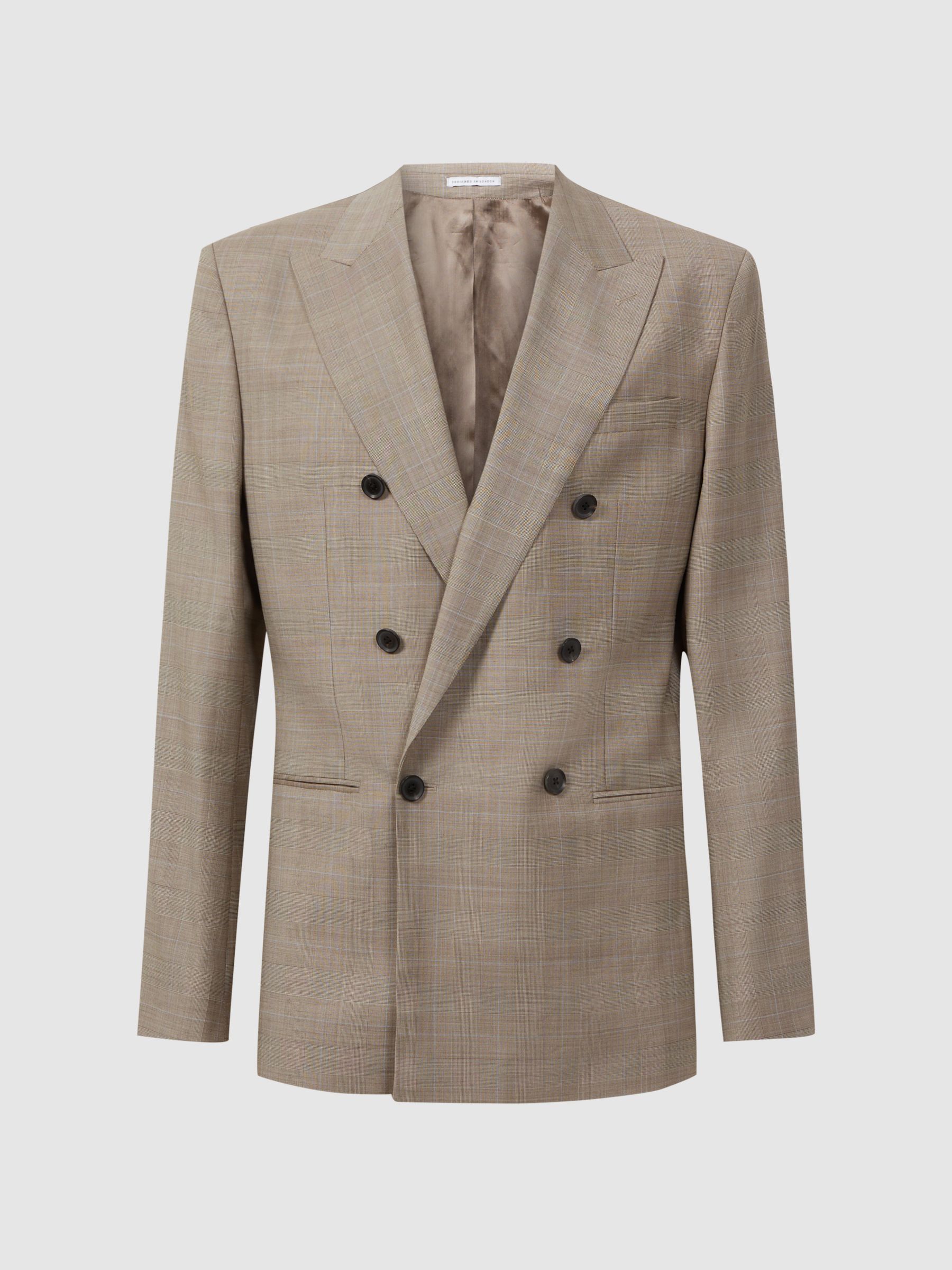 Slim Fit Double Breasted Checked Blazer in Oatmeal - Image 2 of 7