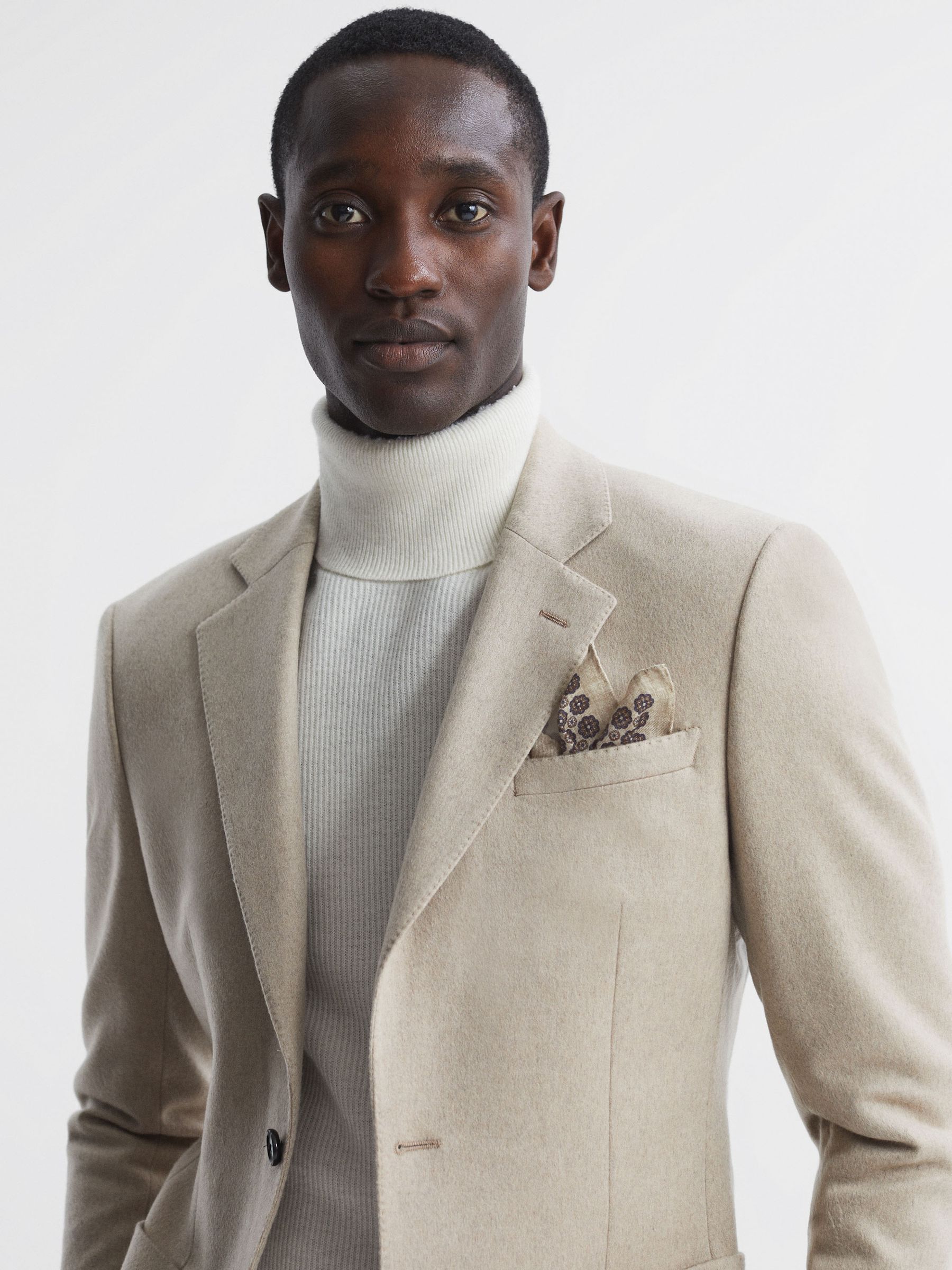 Cotton-Wool Medallion Print Pocket Square in Oatmeal Melange/Navy - Image 2 of 5