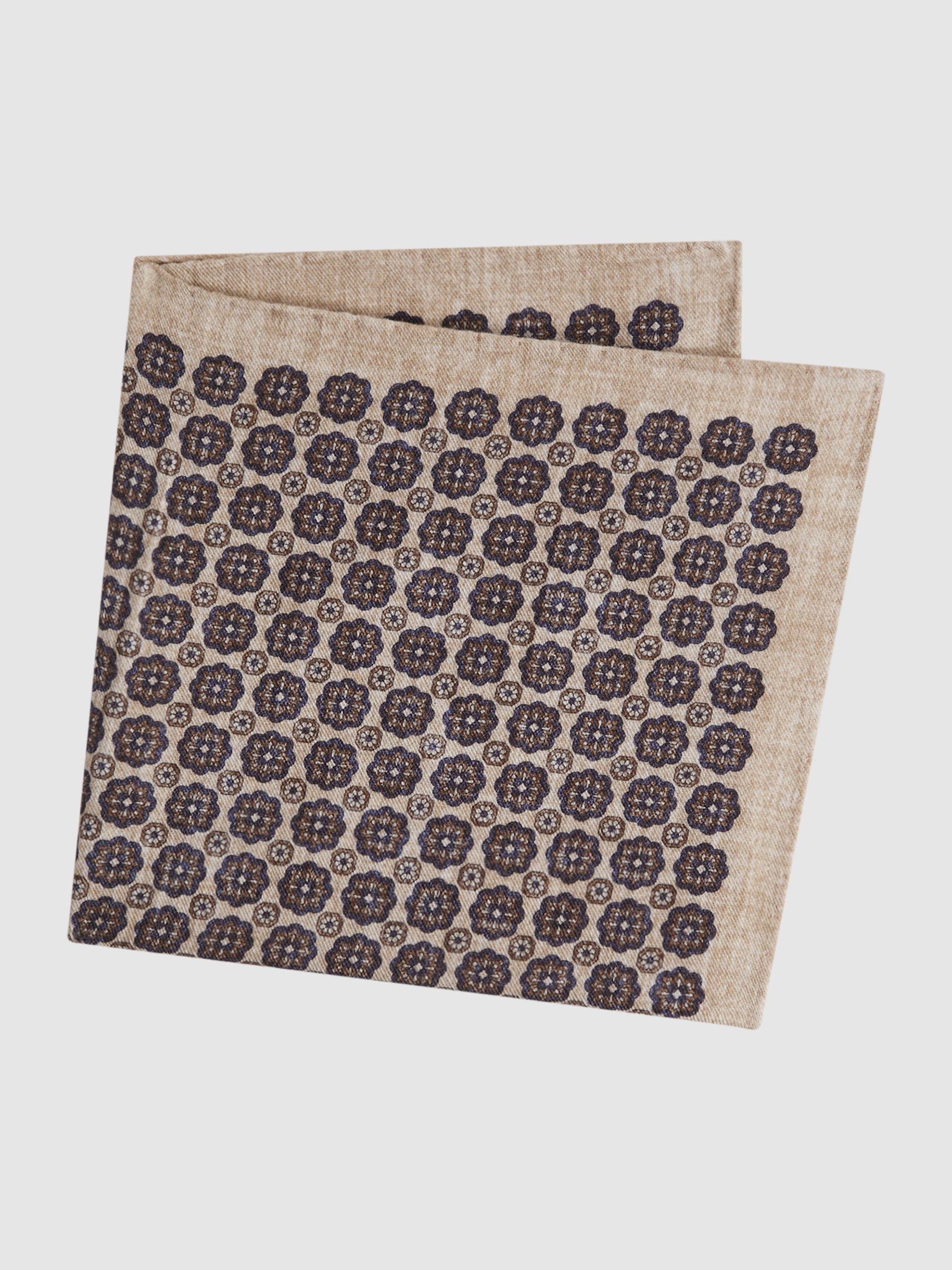 Cotton-Wool Medallion Print Pocket Square in Oatmeal Melange/Navy - Image 4 of 5