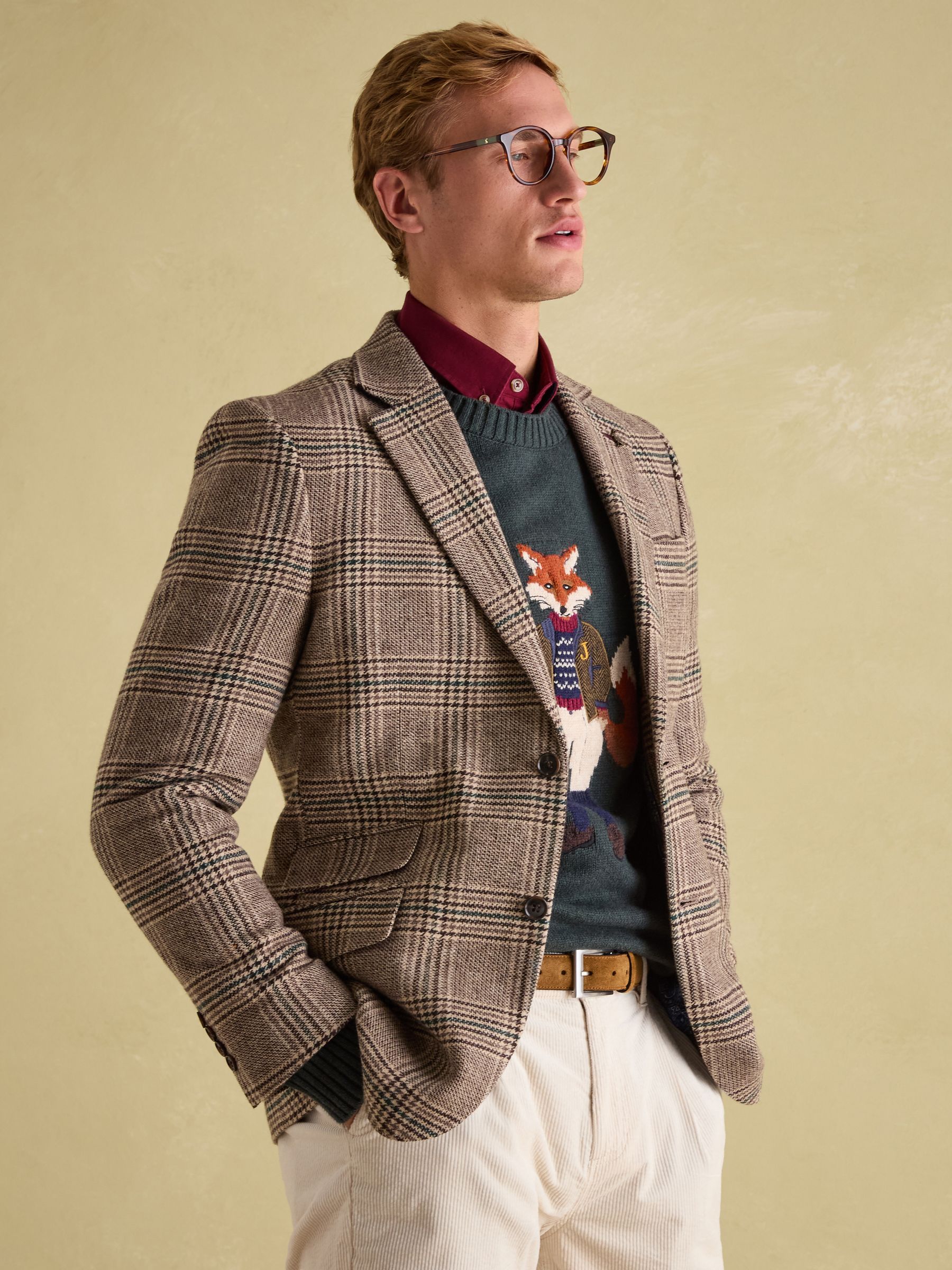 Taupe Brown Slim Fit Check Blazer - Image 1 of 11