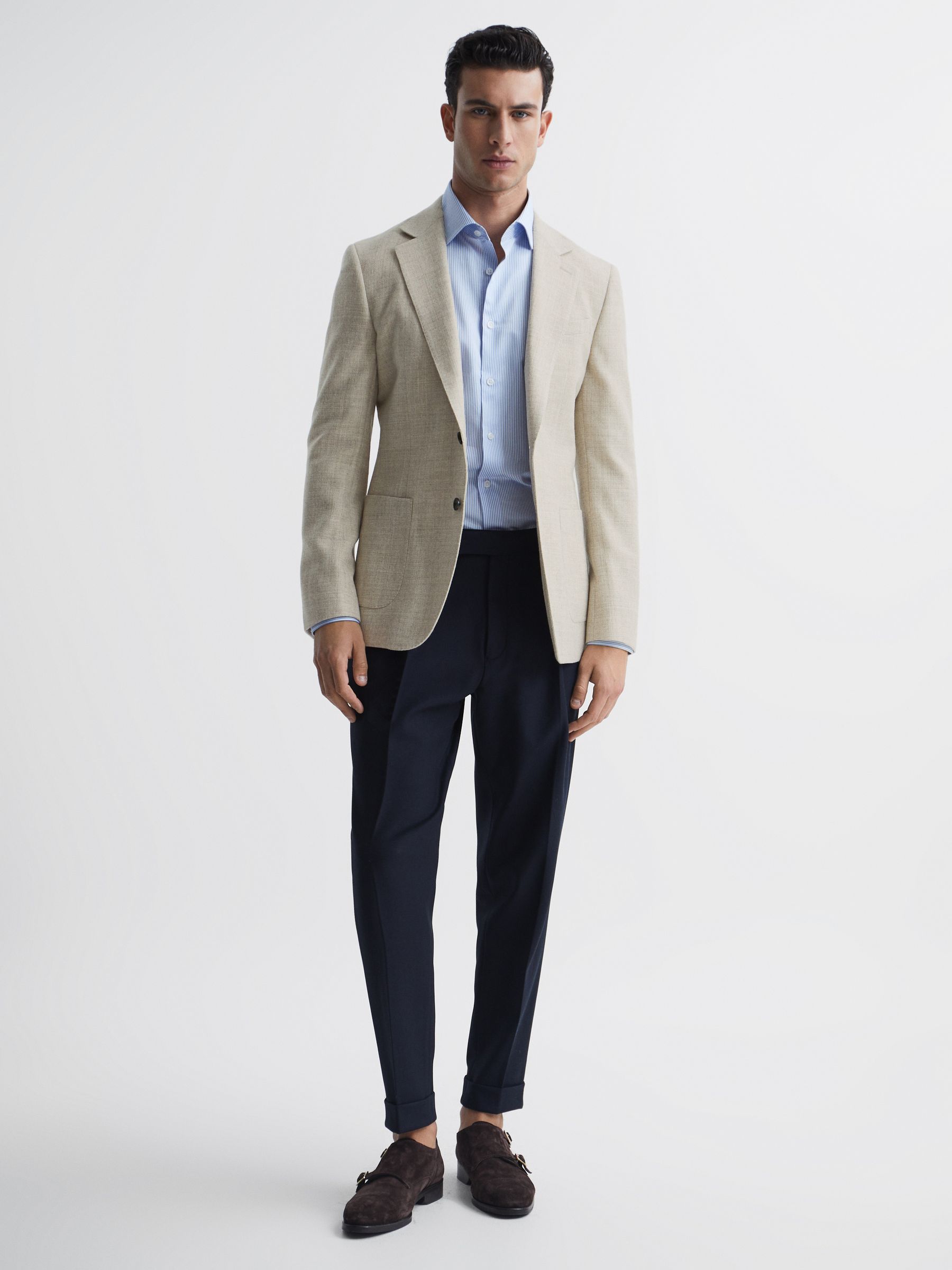 Slim Fit Textured Wool Blend Blazer in Oatmeal - Image 3 of 7