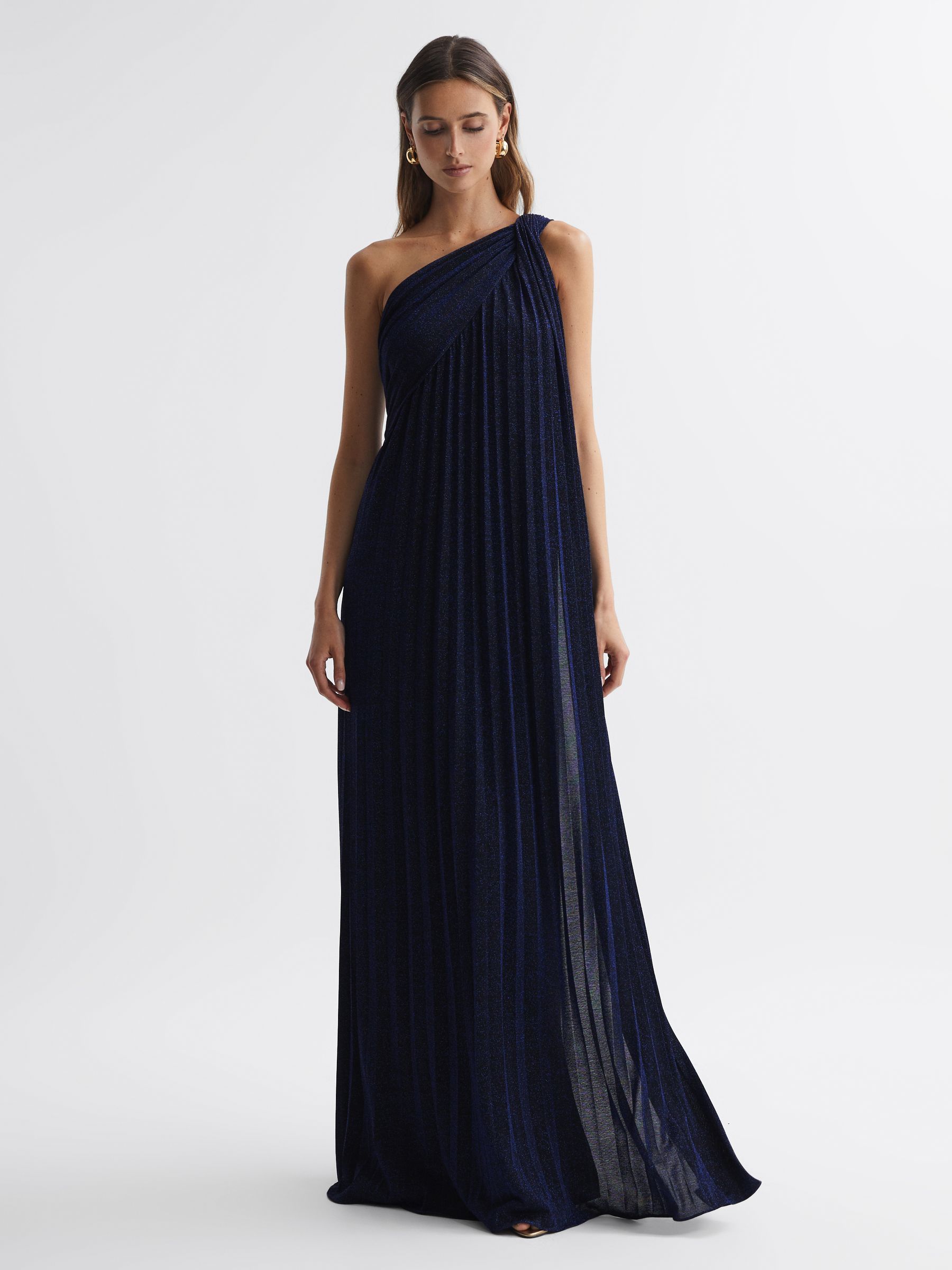 Halston Pleated One-Shoulder Maxi Dress in Navy - Image 1 of 5