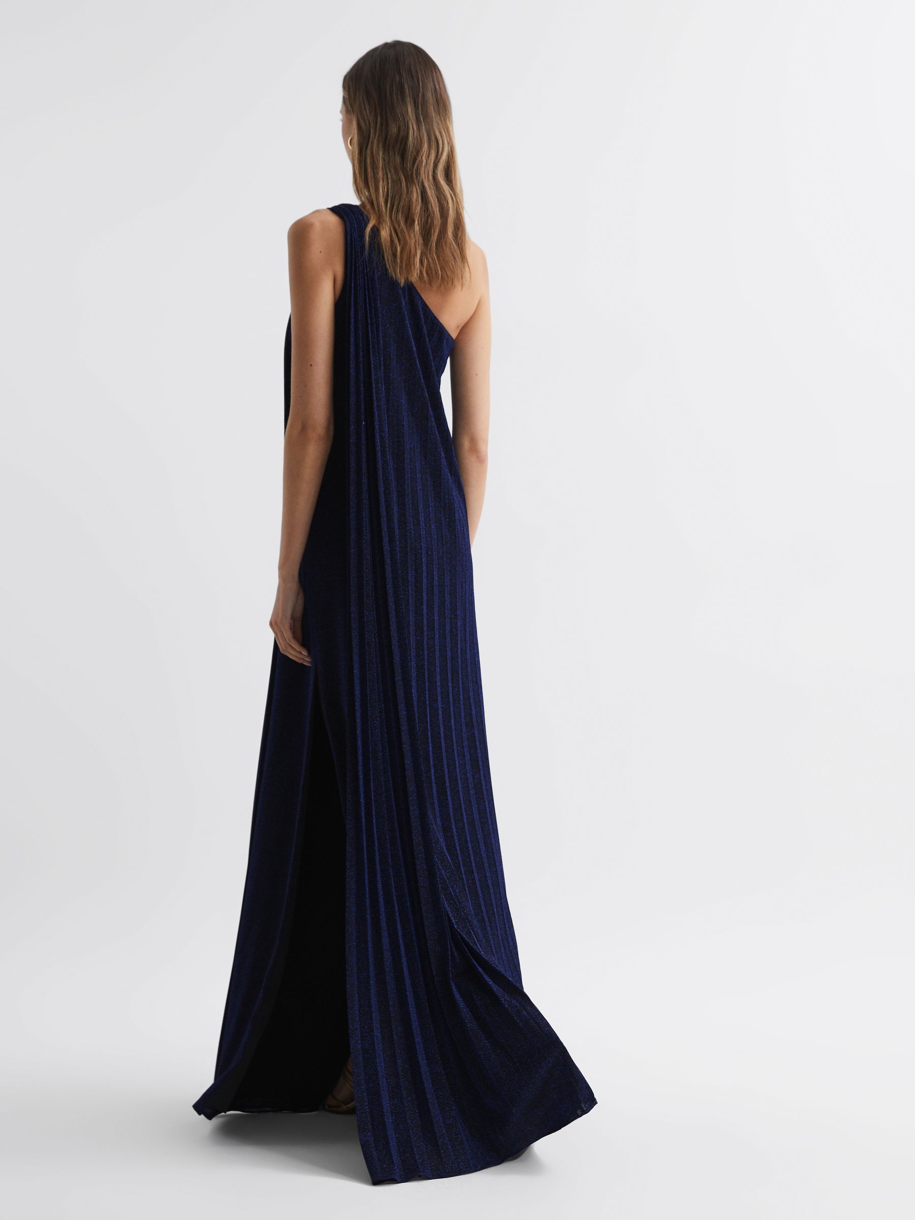 Halston Pleated One-Shoulder Maxi Dress in Navy - Image 4 of 5