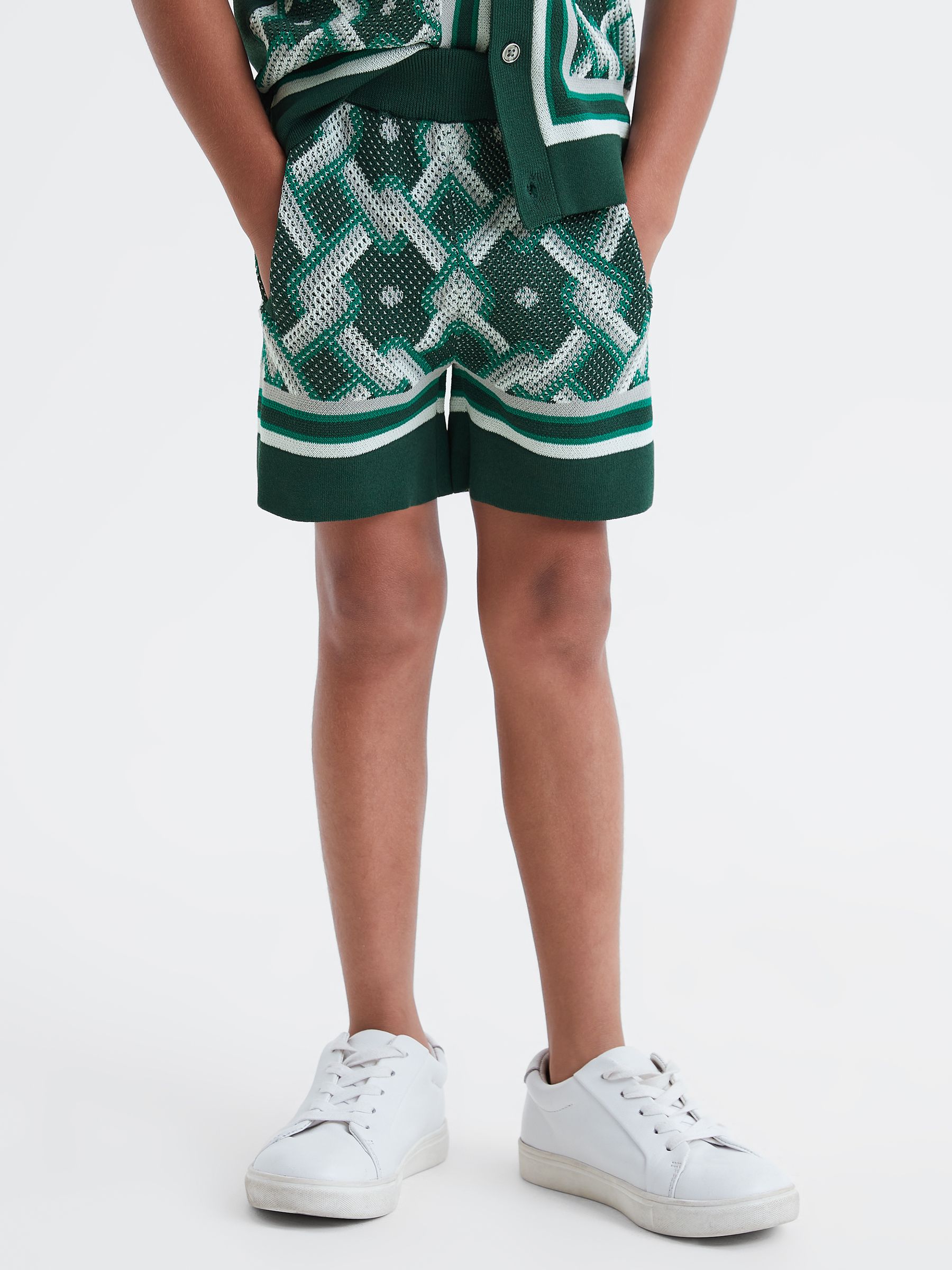 Teen Knitted Elasticated Waistband Shorts in Green Multi - Image 3 of 6
