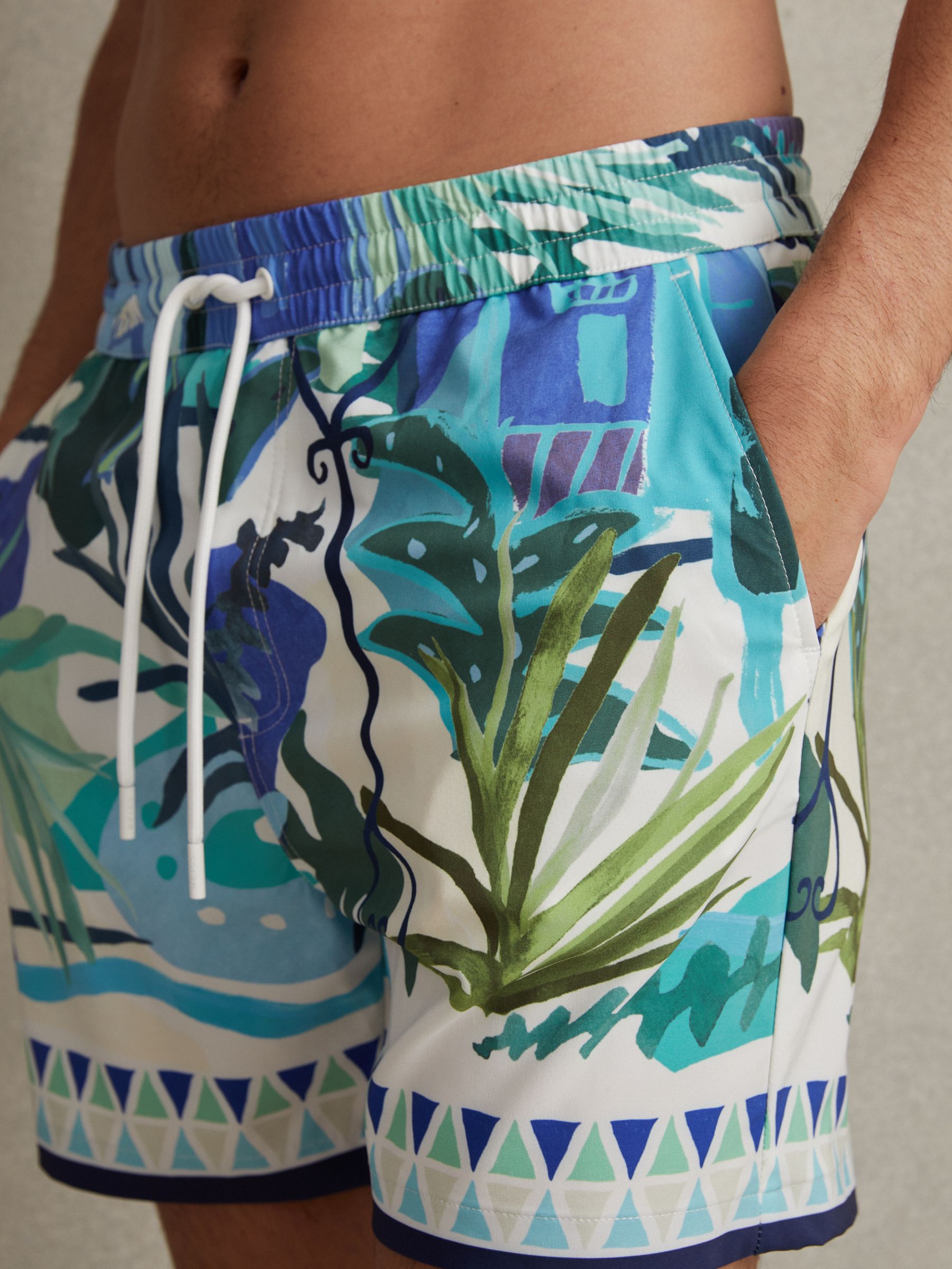 Printed Drawstring Waist Swim Shorts in Green Multi - Image 4 of 6