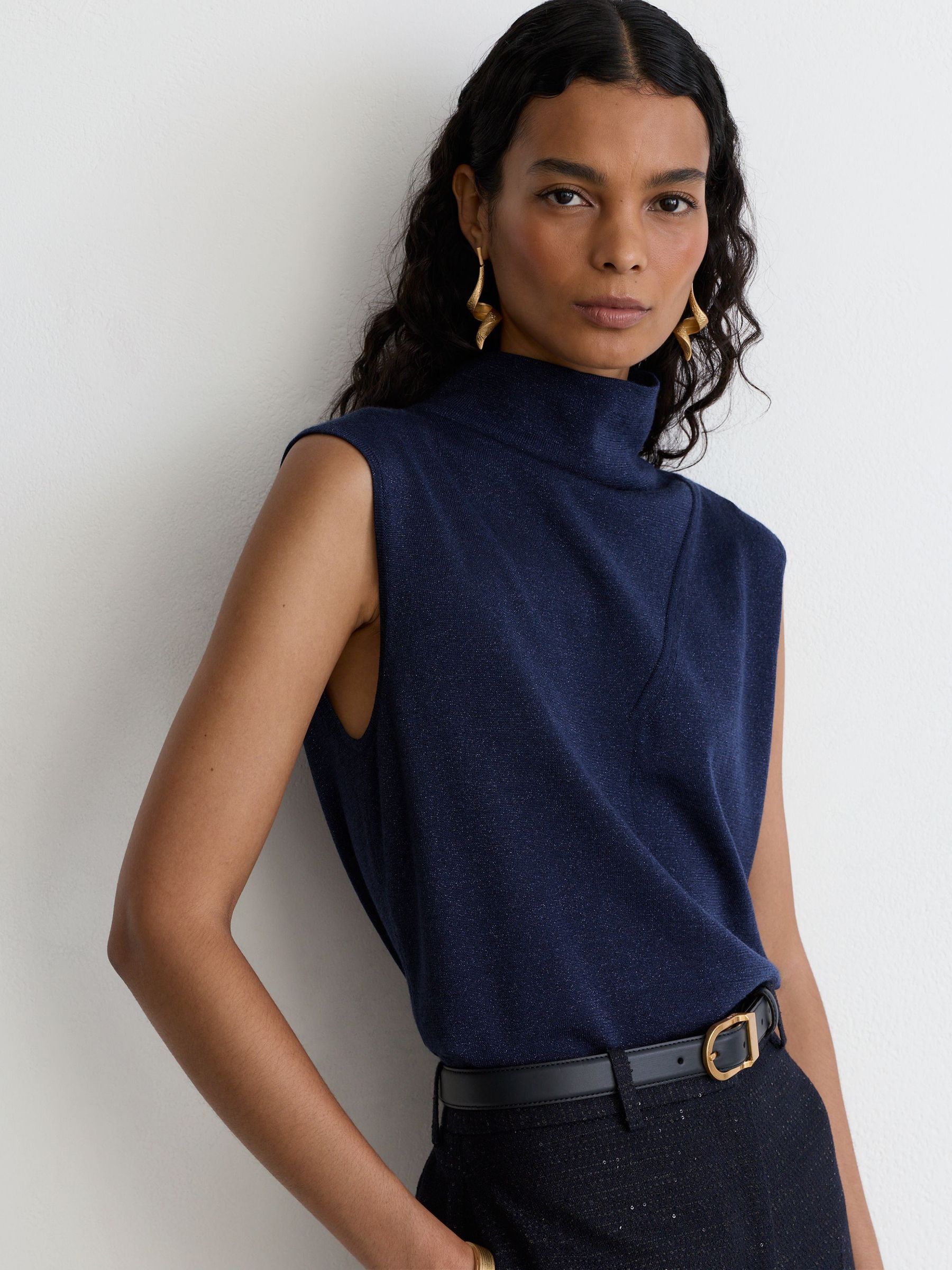 Wool-Blend Metallic-Knit Funnel-Neck Vest in Dark Blue - Image 1 of 7