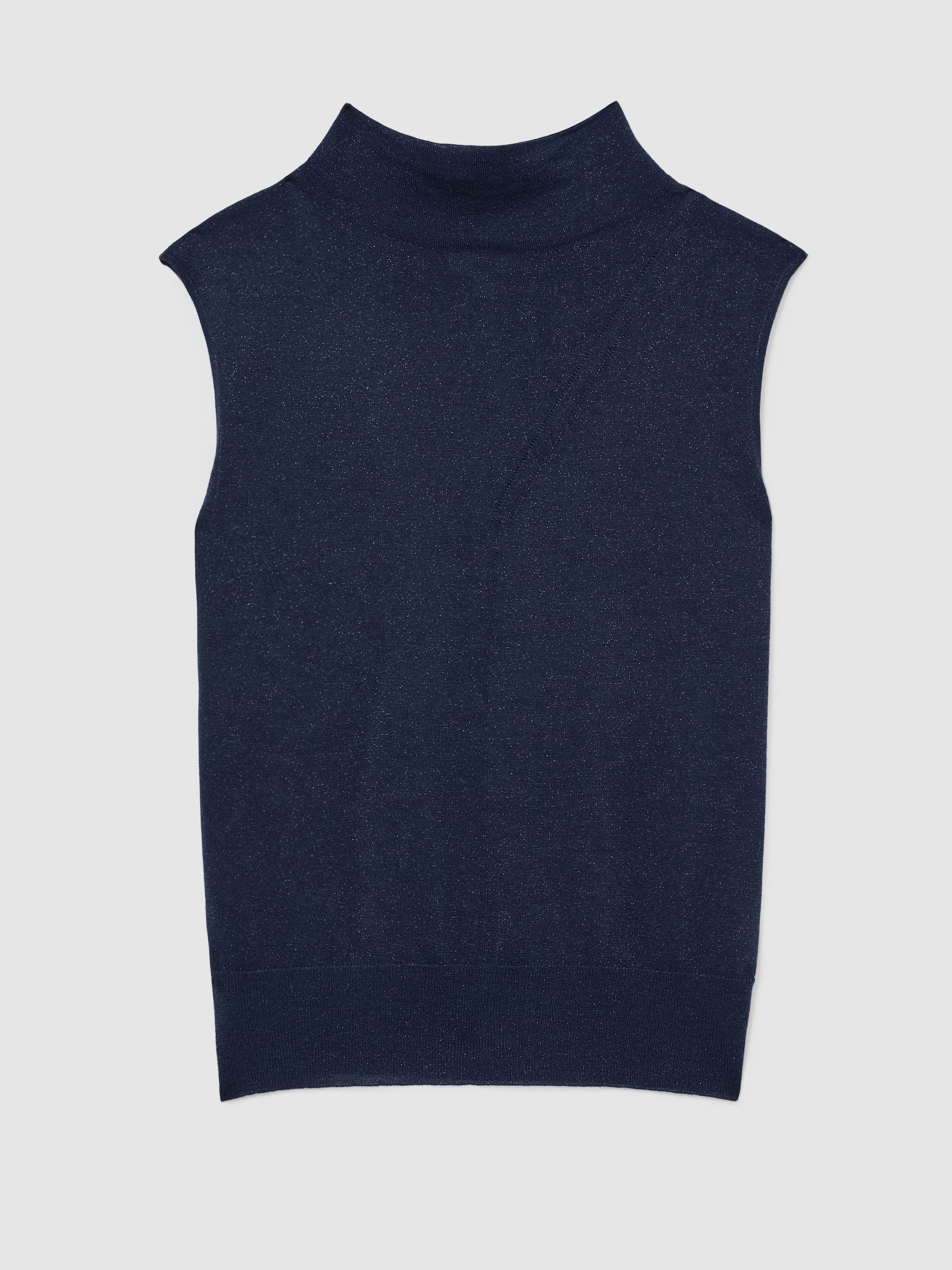 Wool-Blend Metallic-Knit Funnel-Neck Vest in Dark Blue - Image 2 of 7
