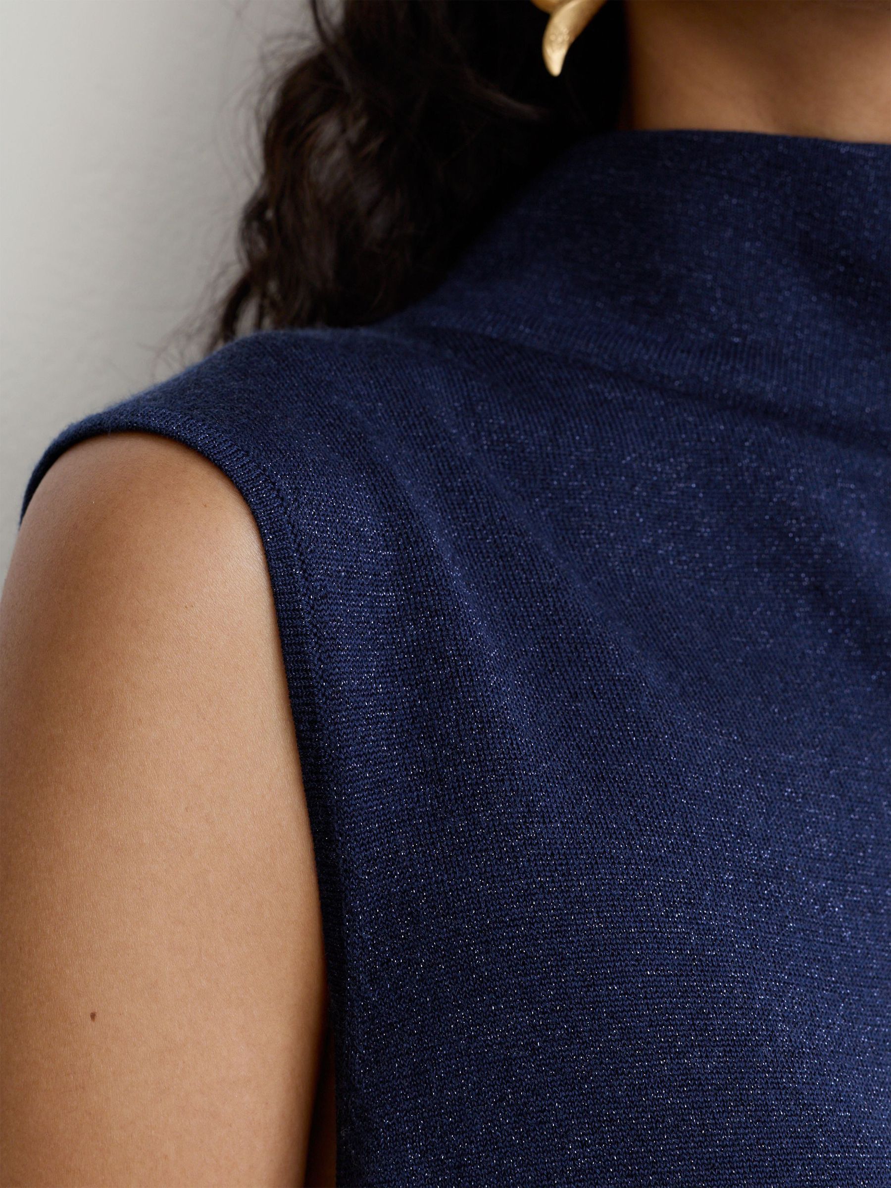 Wool-Blend Metallic-Knit Funnel-Neck Vest in Dark Blue - Image 3 of 7