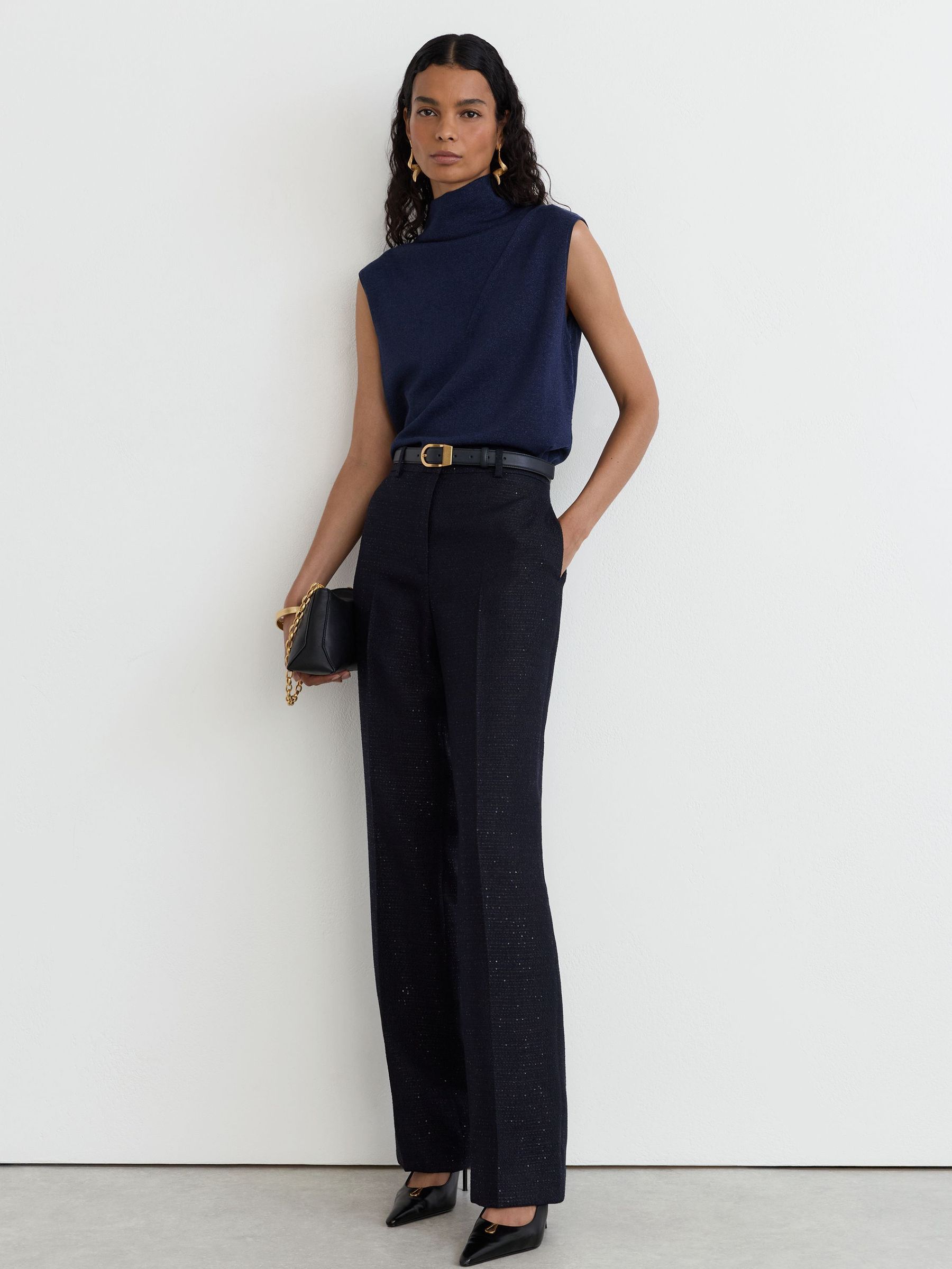 Wool-Blend Metallic-Knit Funnel-Neck Vest in Dark Blue - Image 4 of 7