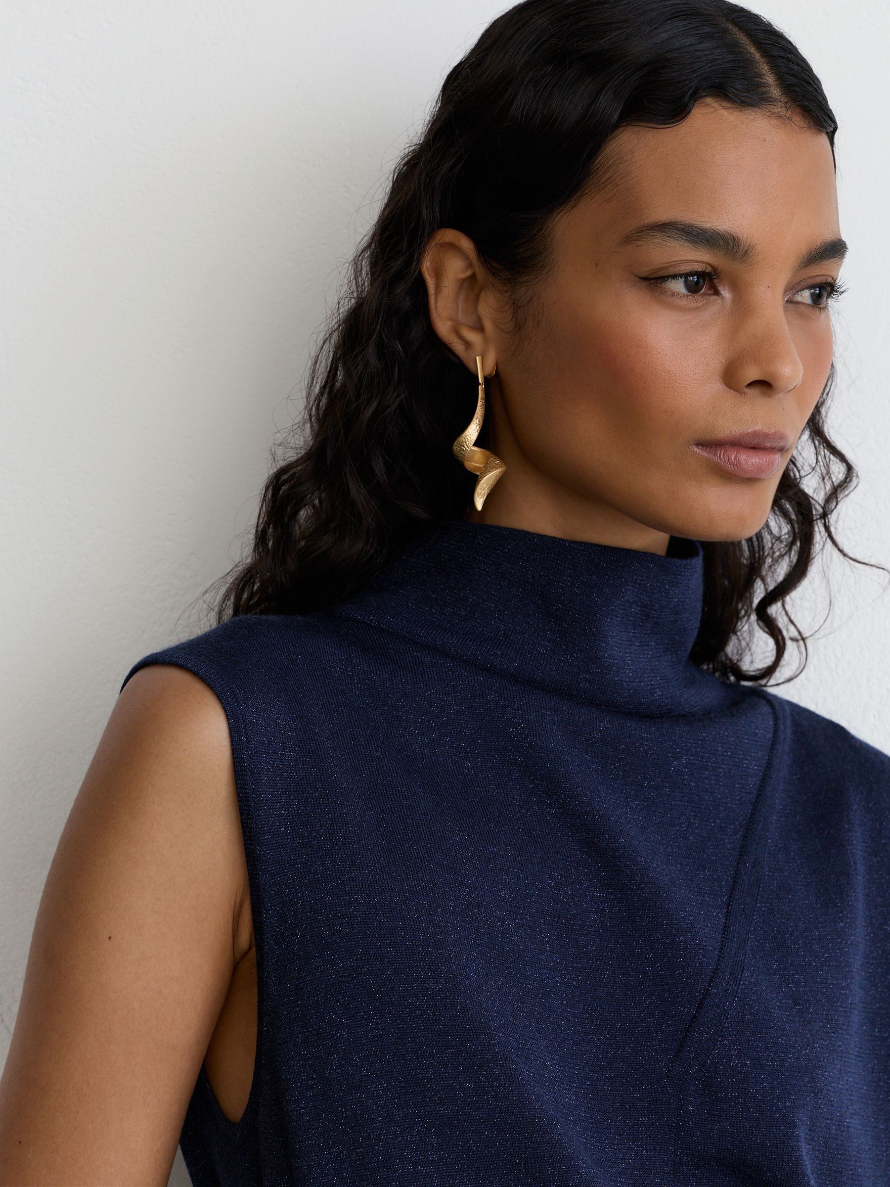 Wool-Blend Metallic-Knit Funnel-Neck Vest in Dark Blue - Image 5 of 7