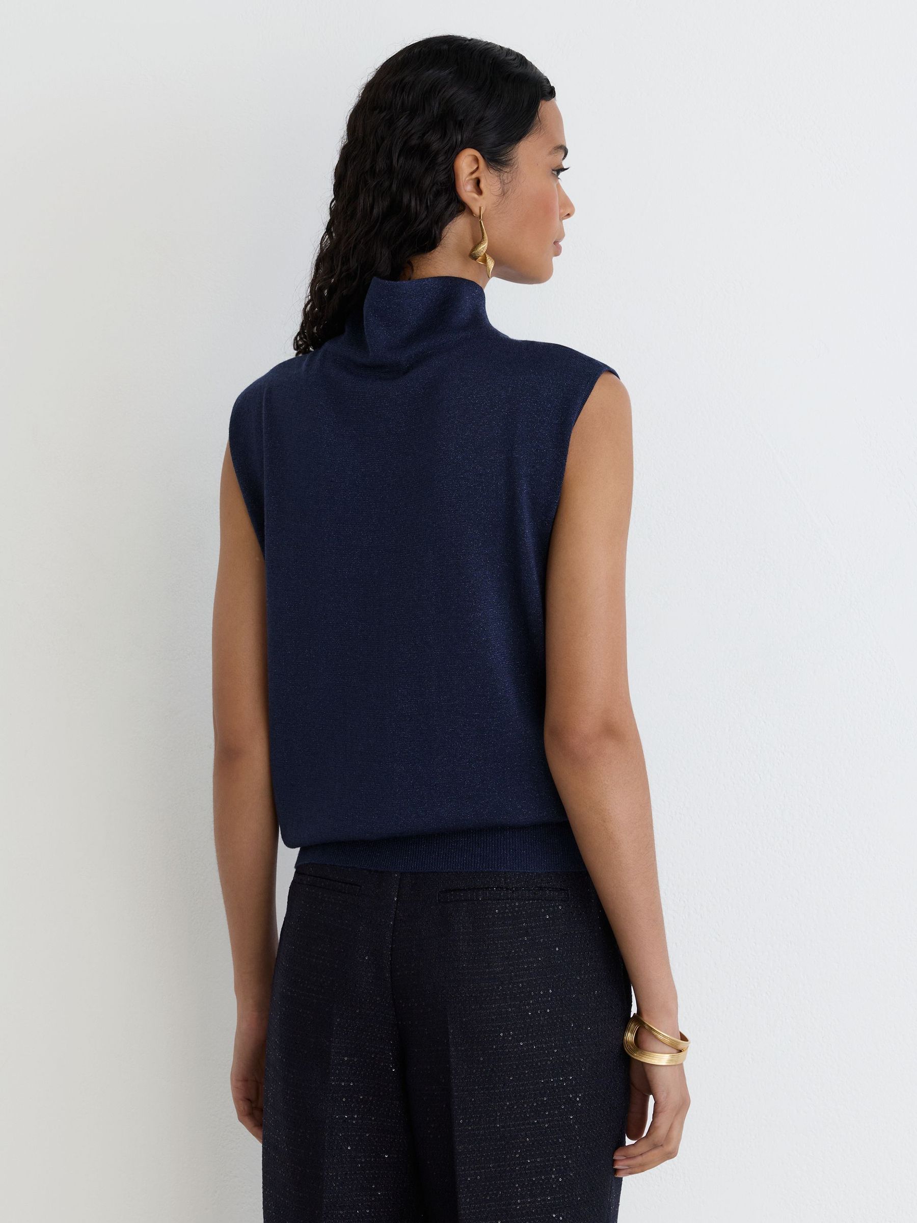 Wool-Blend Metallic-Knit Funnel-Neck Vest in Dark Blue - Image 6 of 7