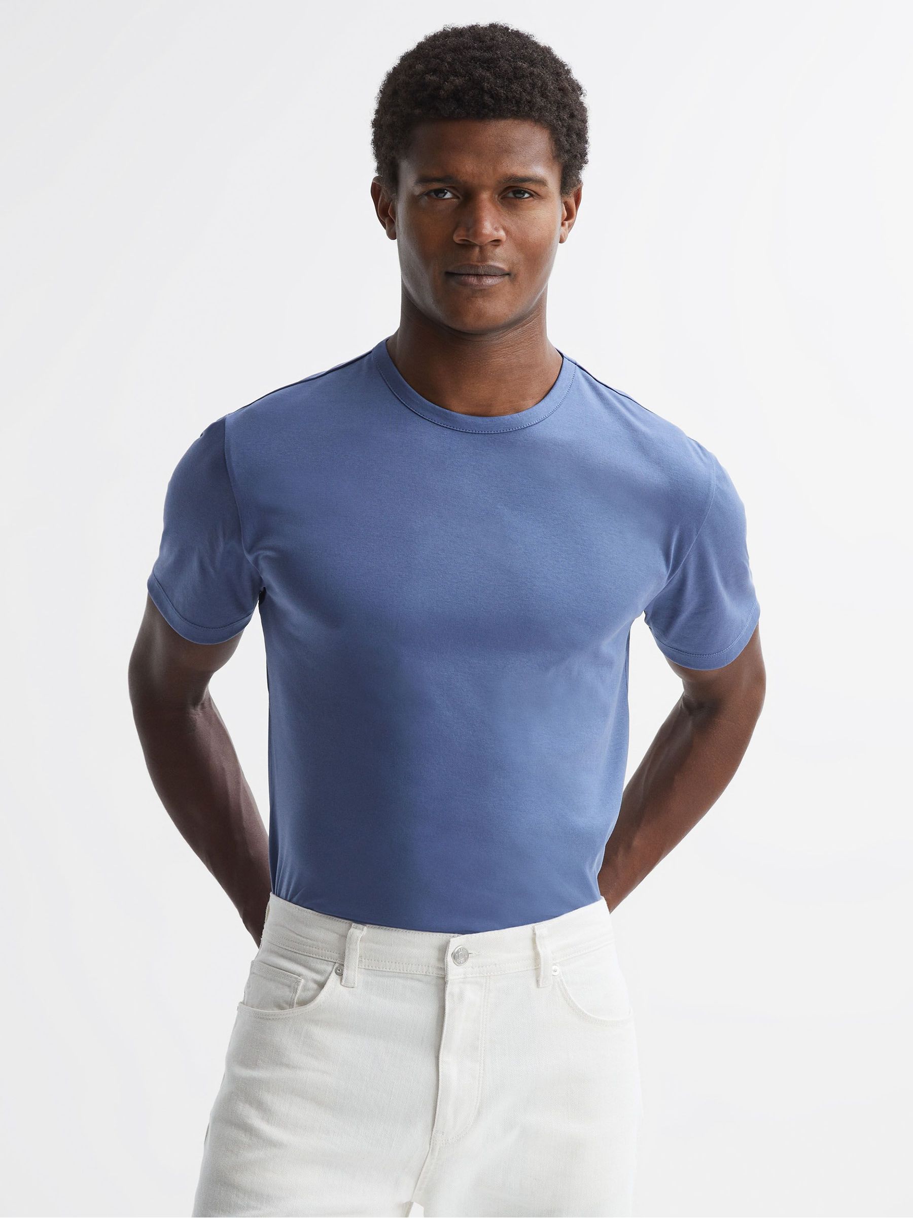 Mercerised Cotton Crew Neck T-Shirt in Airforce Blue - Image 6 of 11