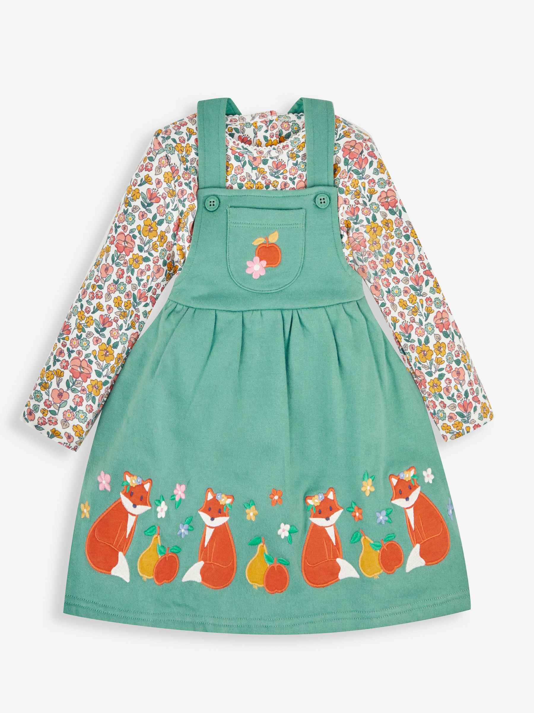 Green Fox & Fruit Girls' 2-Piece Appliqué Pinafore Dress & Top Set - Image 1 of 6