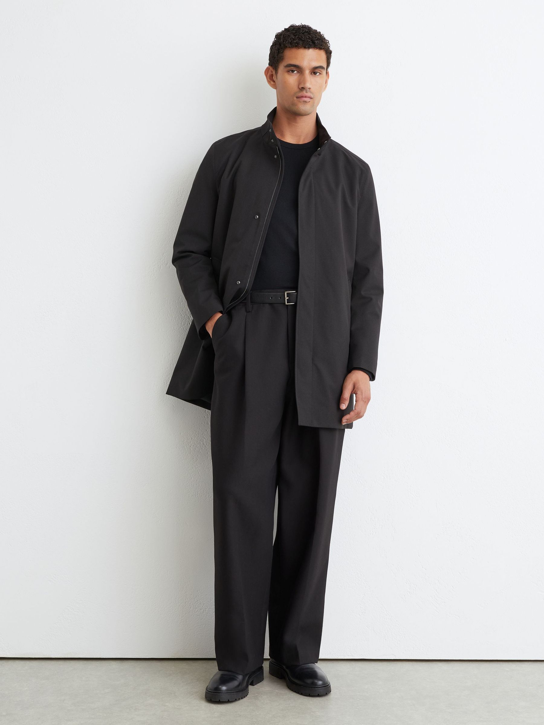 Hybrid Gilet-Insert Funnel-Neck Overcoat in Black - Image 1 of 8