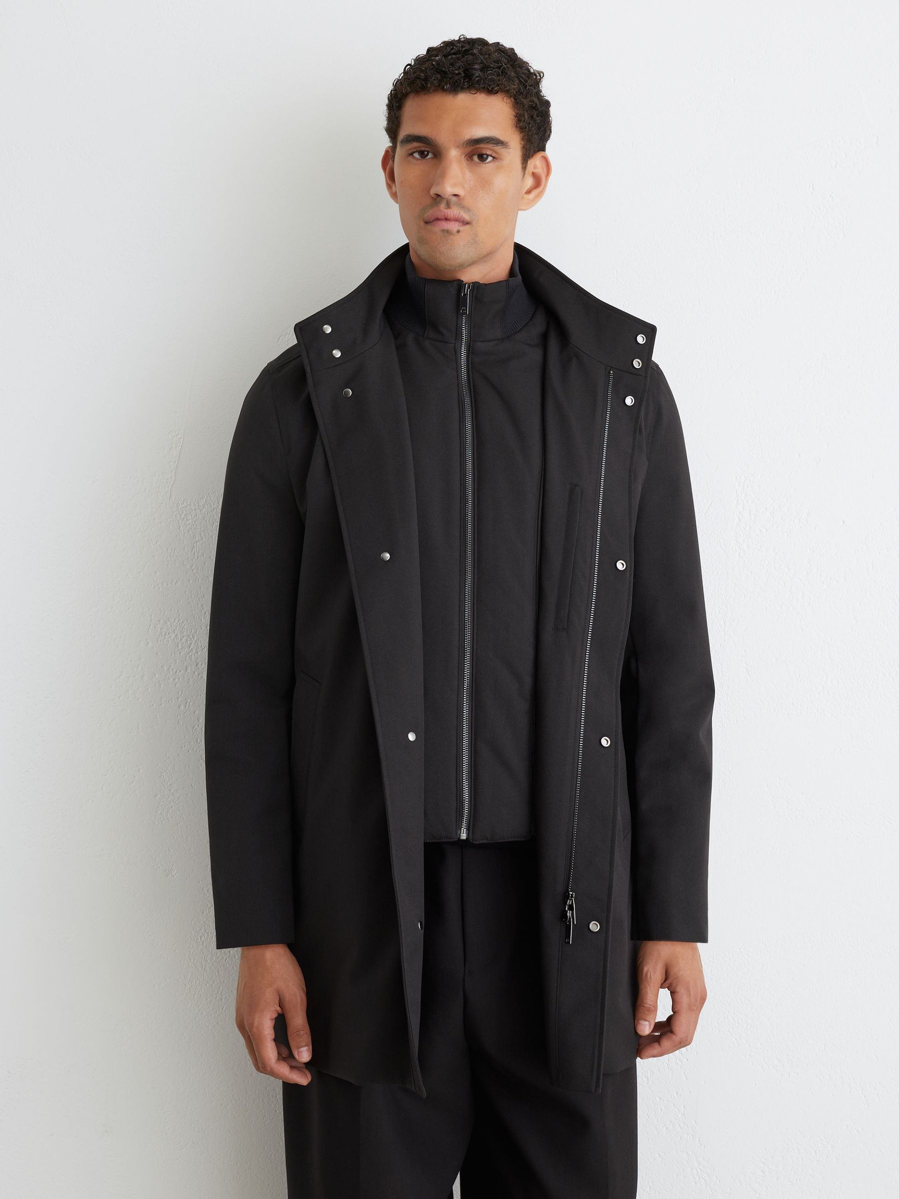 Hybrid Gilet-Insert Funnel-Neck Overcoat in Black - Image 5 of 8