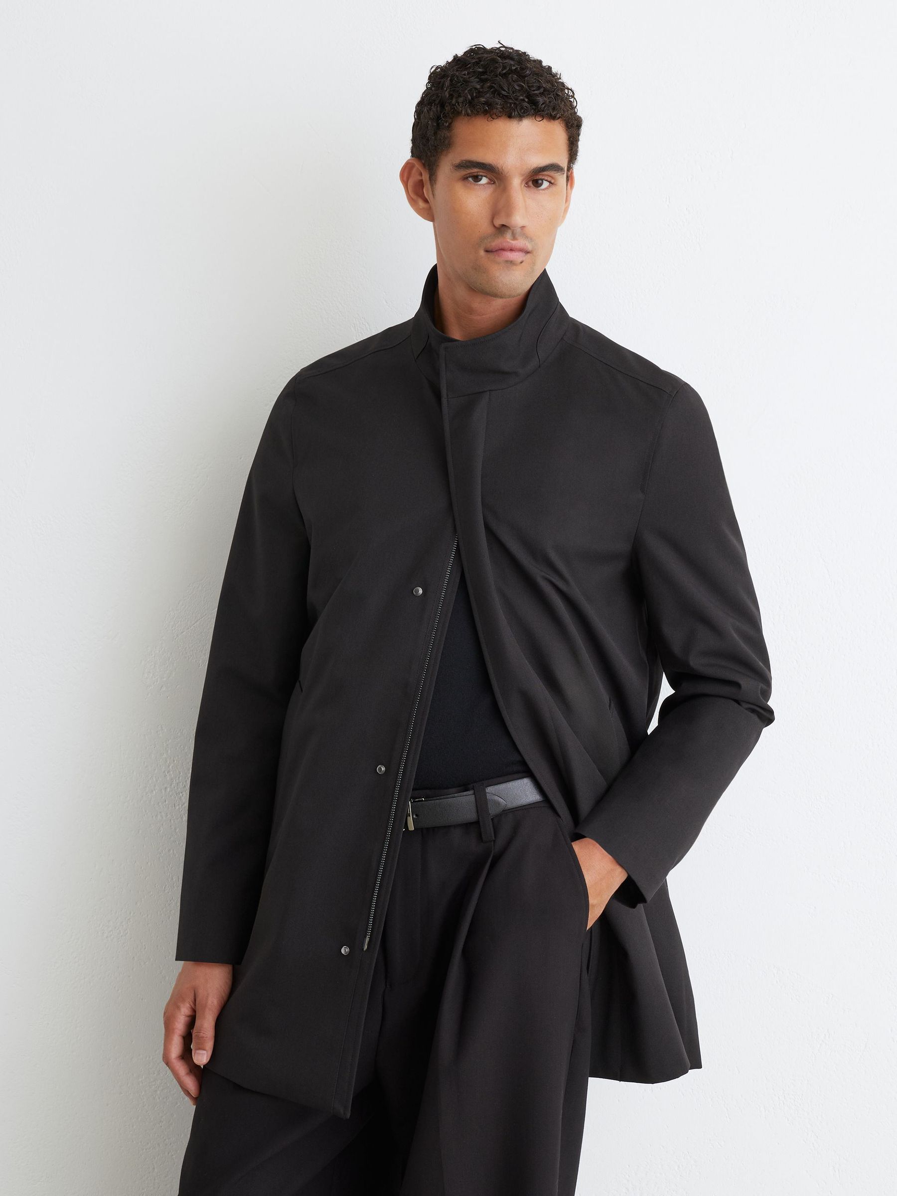 Hybrid Gilet-Insert Funnel-Neck Overcoat in Black - Image 6 of 8