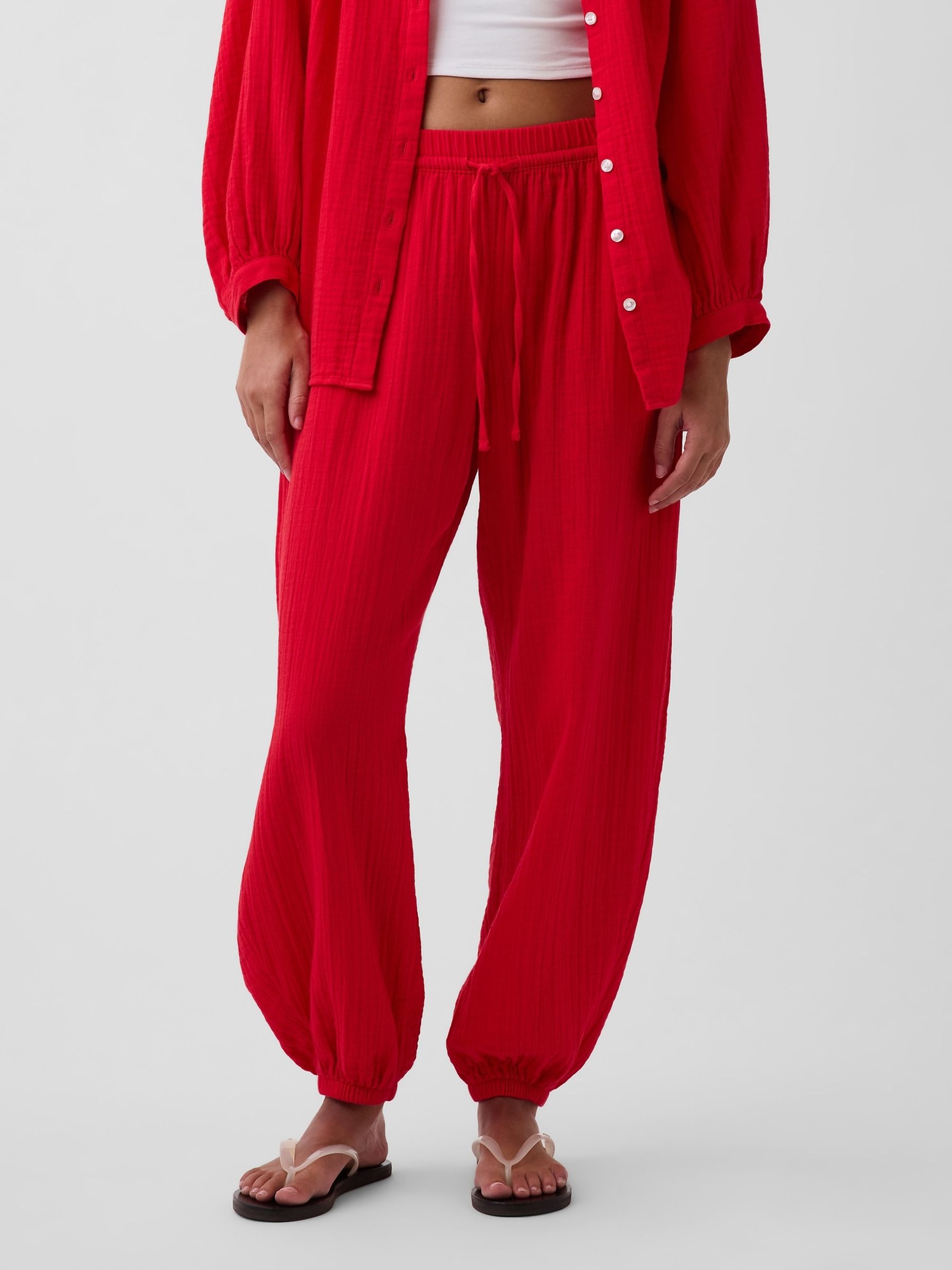 Red Gauze Easy Joggers - Image 1 of 4 Red Gauze Easy Joggers - Image 1 of 4