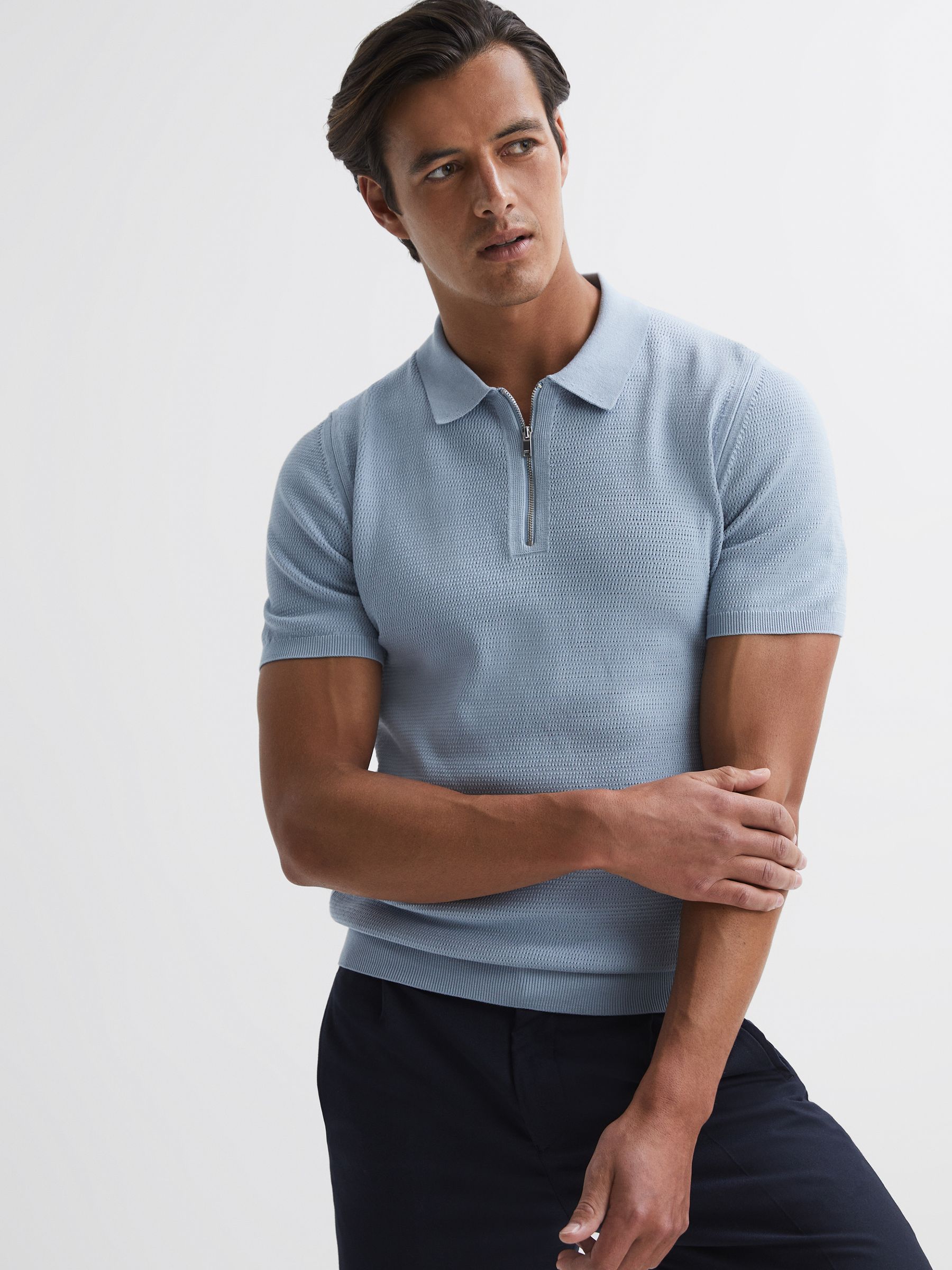Knitted Half-Zip Polo T-Shirt in Soft Blue - Image 1 of 5