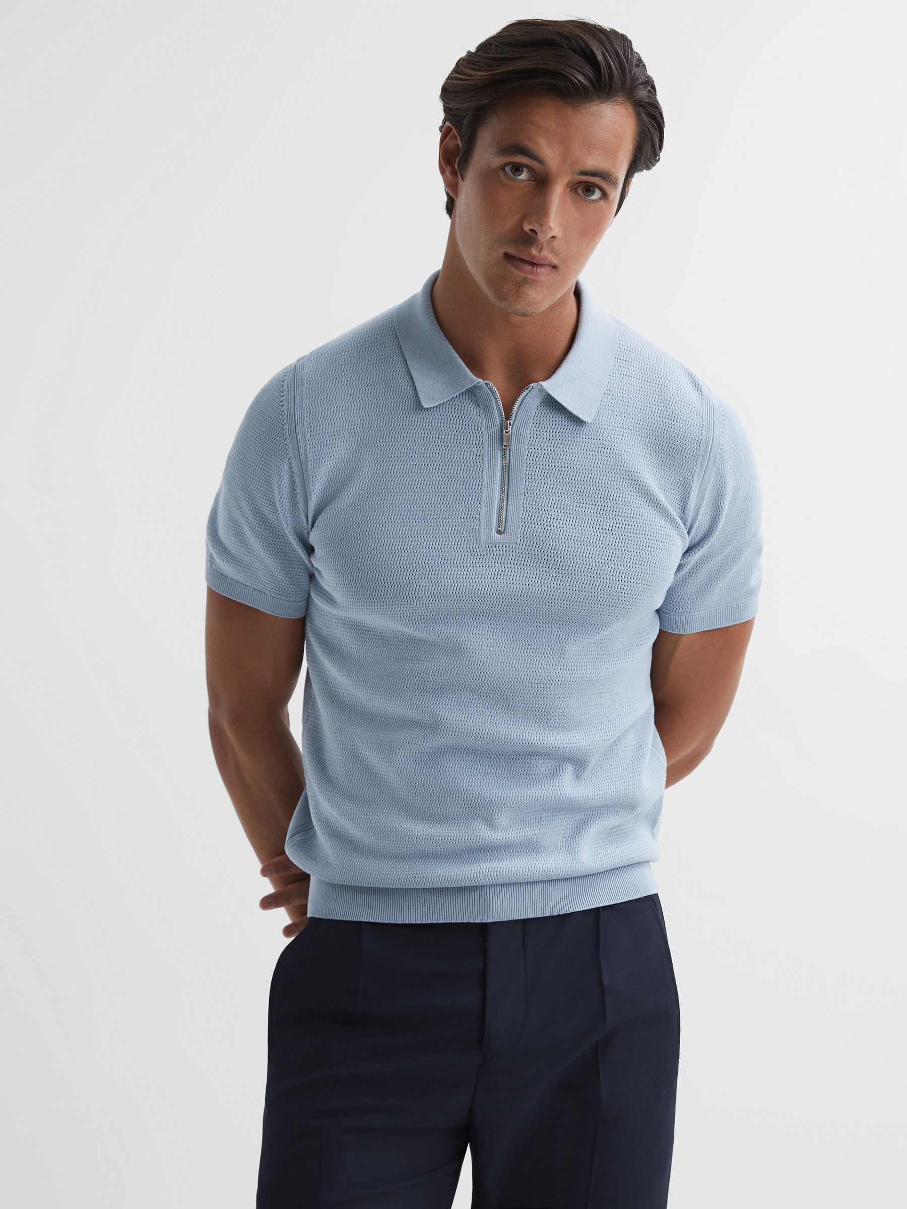 Knitted Half-Zip Polo T-Shirt in Soft Blue - Image 4 of 5
