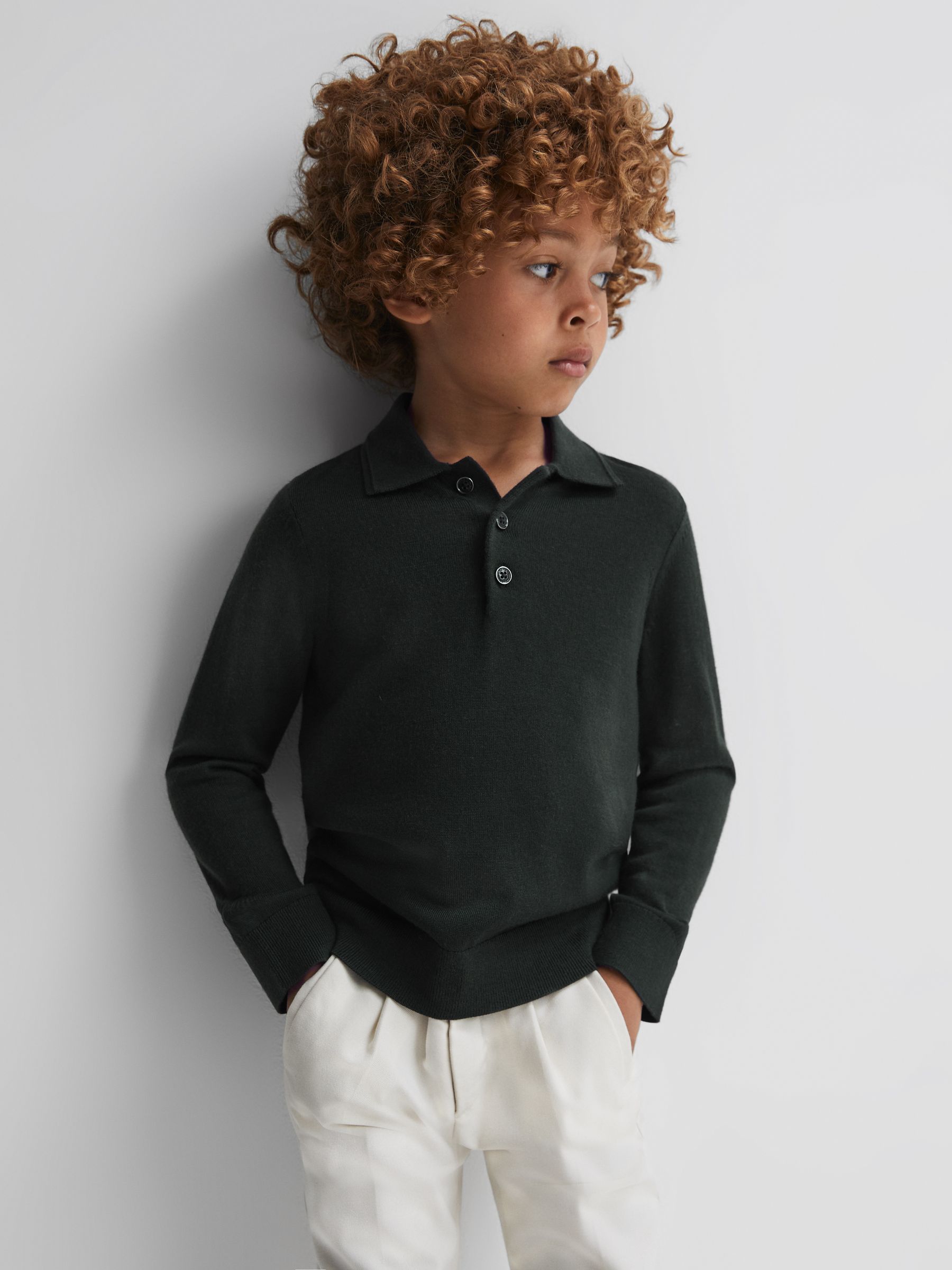 Junior Merino Wool Polo Shirt in Forest - Image 1 of 6