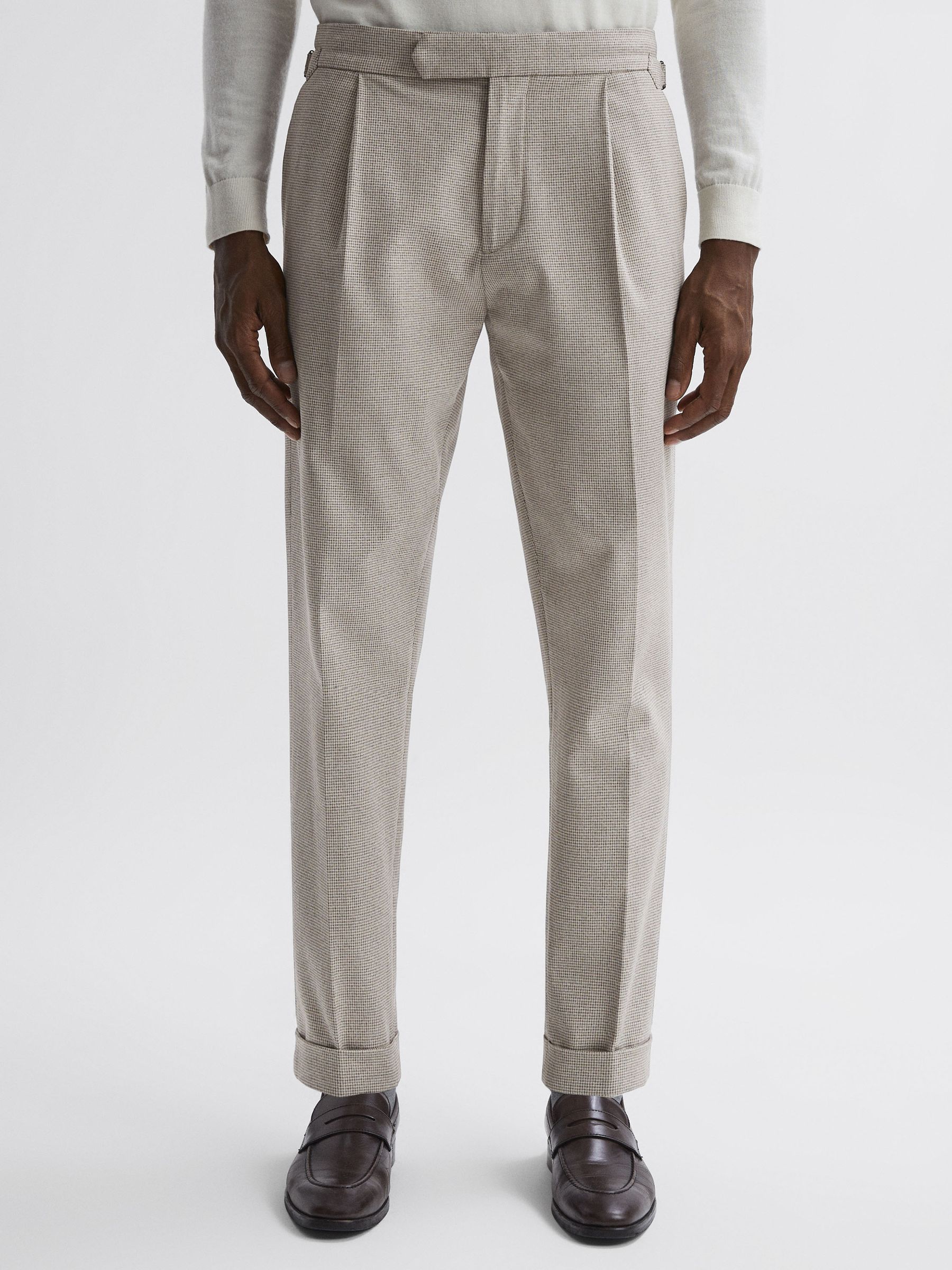 Slim Fit Puppytooth Rolled Hem Trousers in Ecru/Brown - Image 1 of 5