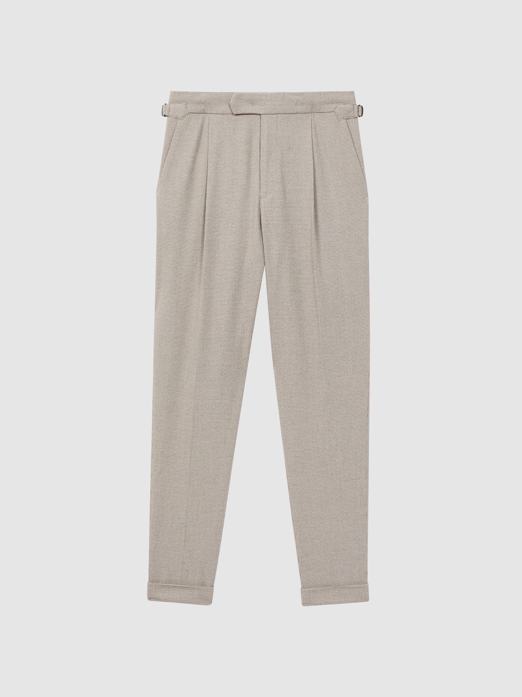 Slim Fit Puppytooth Rolled Hem Trousers in Ecru/Brown