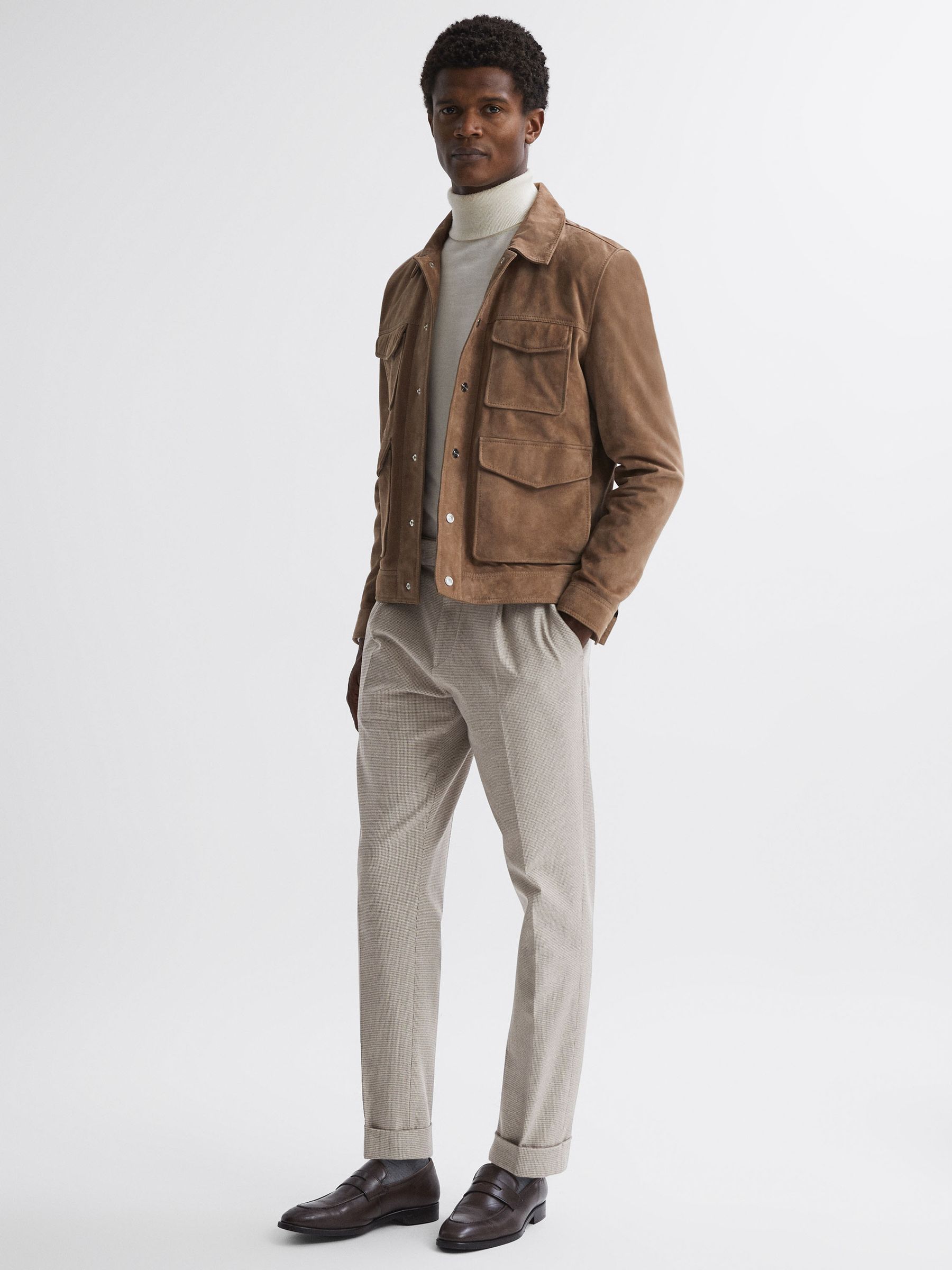 Slim Fit Puppytooth Rolled Hem Trousers in Ecru/Brown - Image 3 of 5