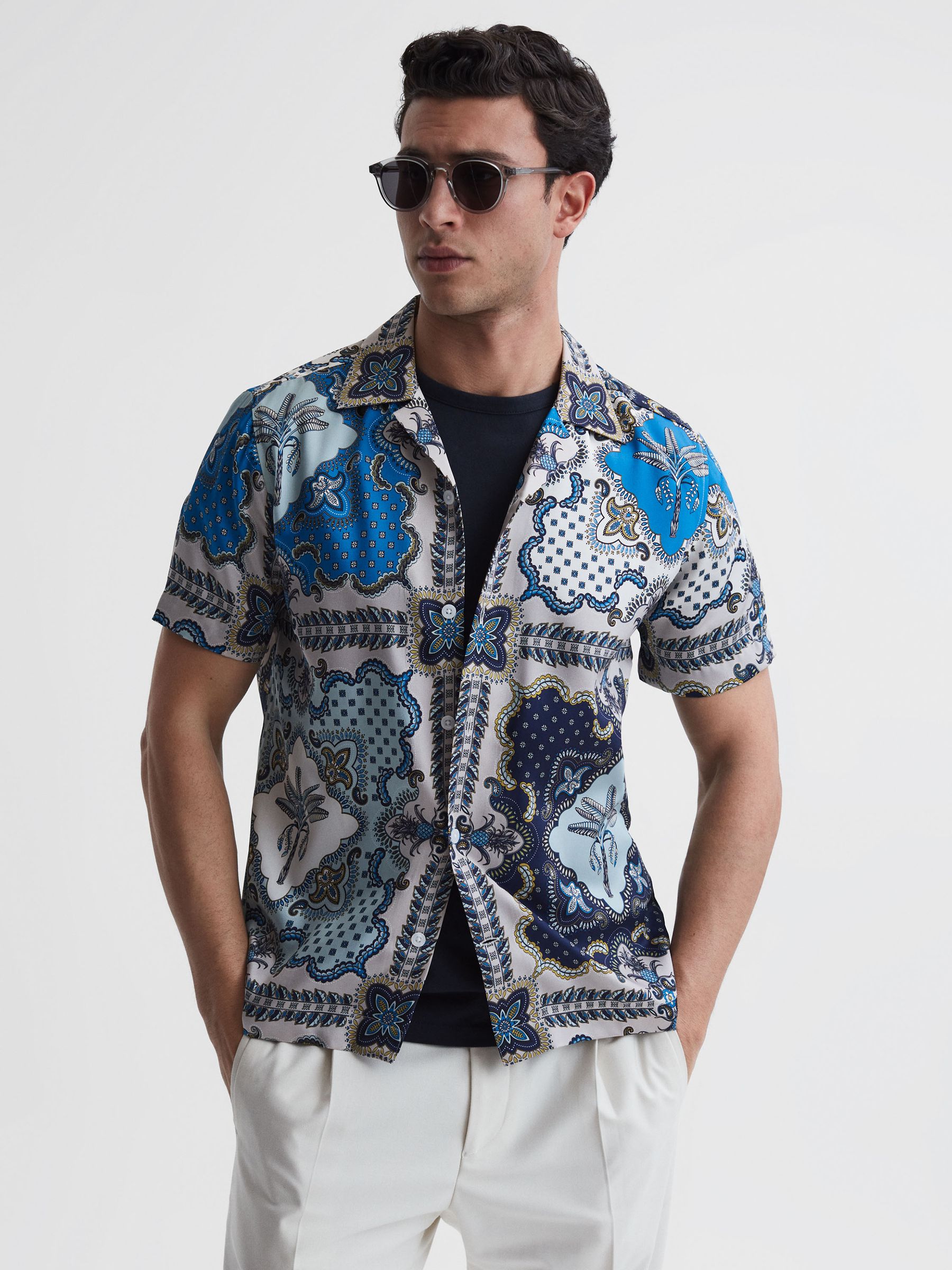 Paisley Print Cuban Collar Shirt in Blue Multi - Image 1 of 4