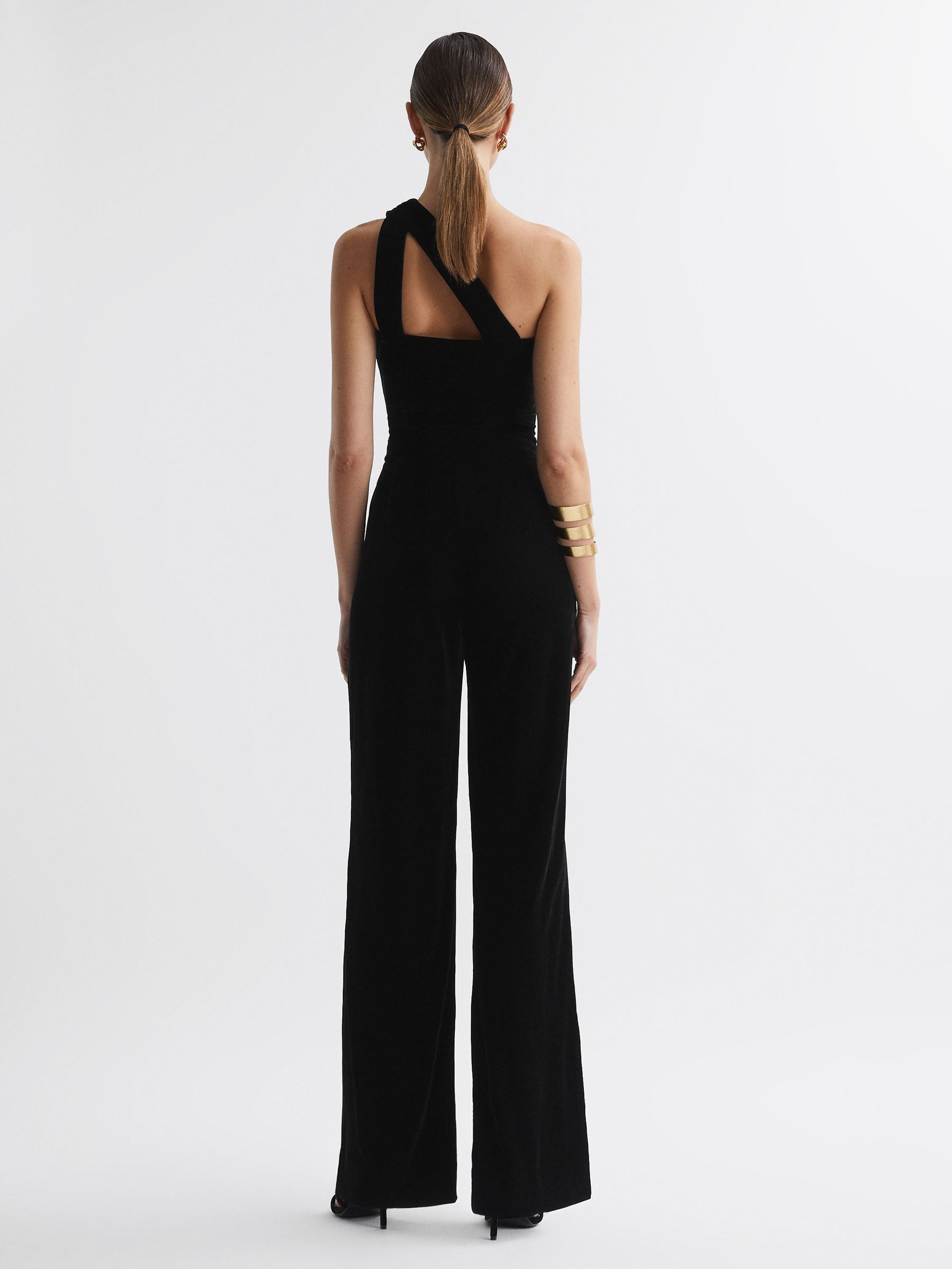 Velvet One-Shoulder Jumpsuit in Black - Image 4 of 4