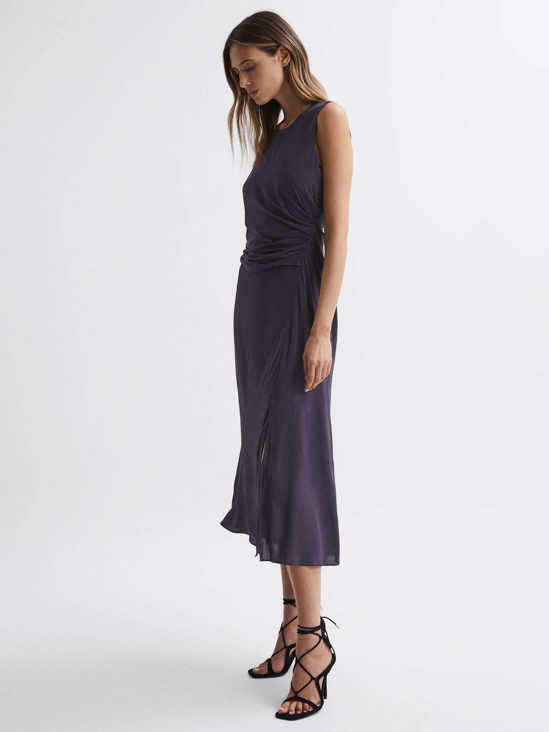 Bodycon Ruched Midi Dress in Grape - Image 3 of 4