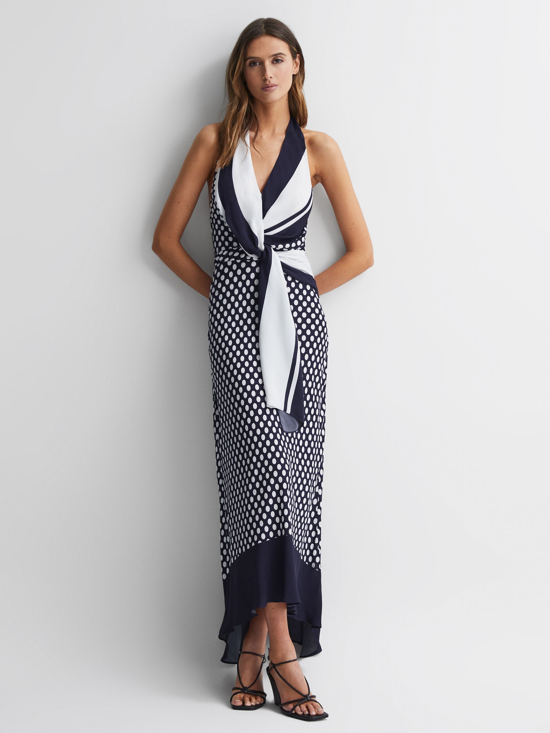 Striped Polka Dot Halter Maxi Dress in Navy/White - Image 1 of 4 Striped Polka Dot Halter Maxi Dress in Navy/White - Image 1 of 4