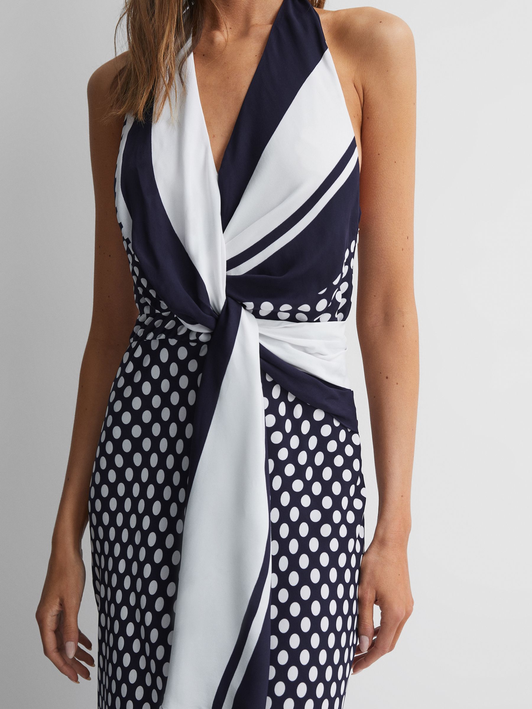 Reiss Striped Polka Dot Halter Maxi Dress in Navy/White | REISS