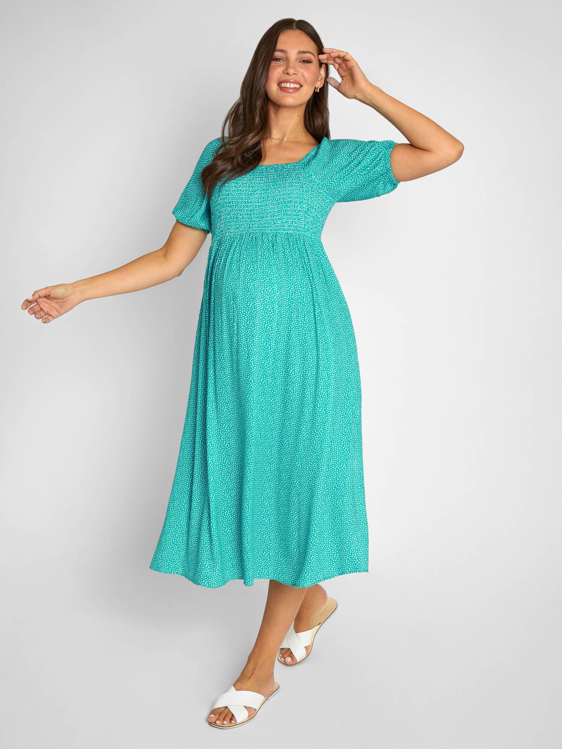 Green Spot Shirred Maternity Midi Dress - Image 4 of 8