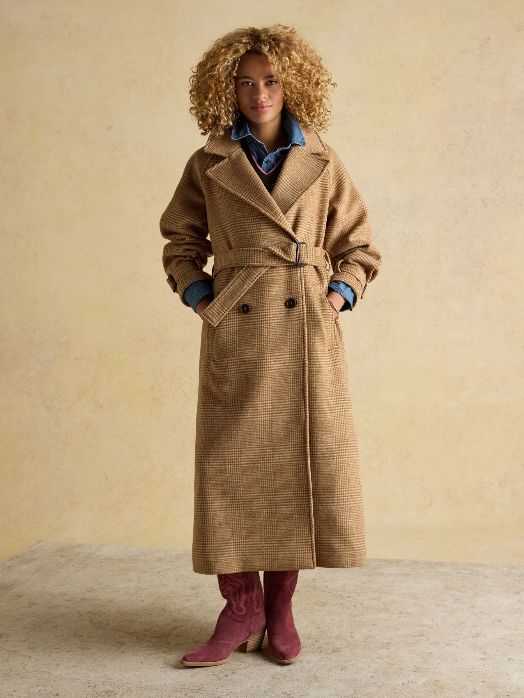Amberley Tan Brown Longline Wool Blend Coat with Belt | Joules