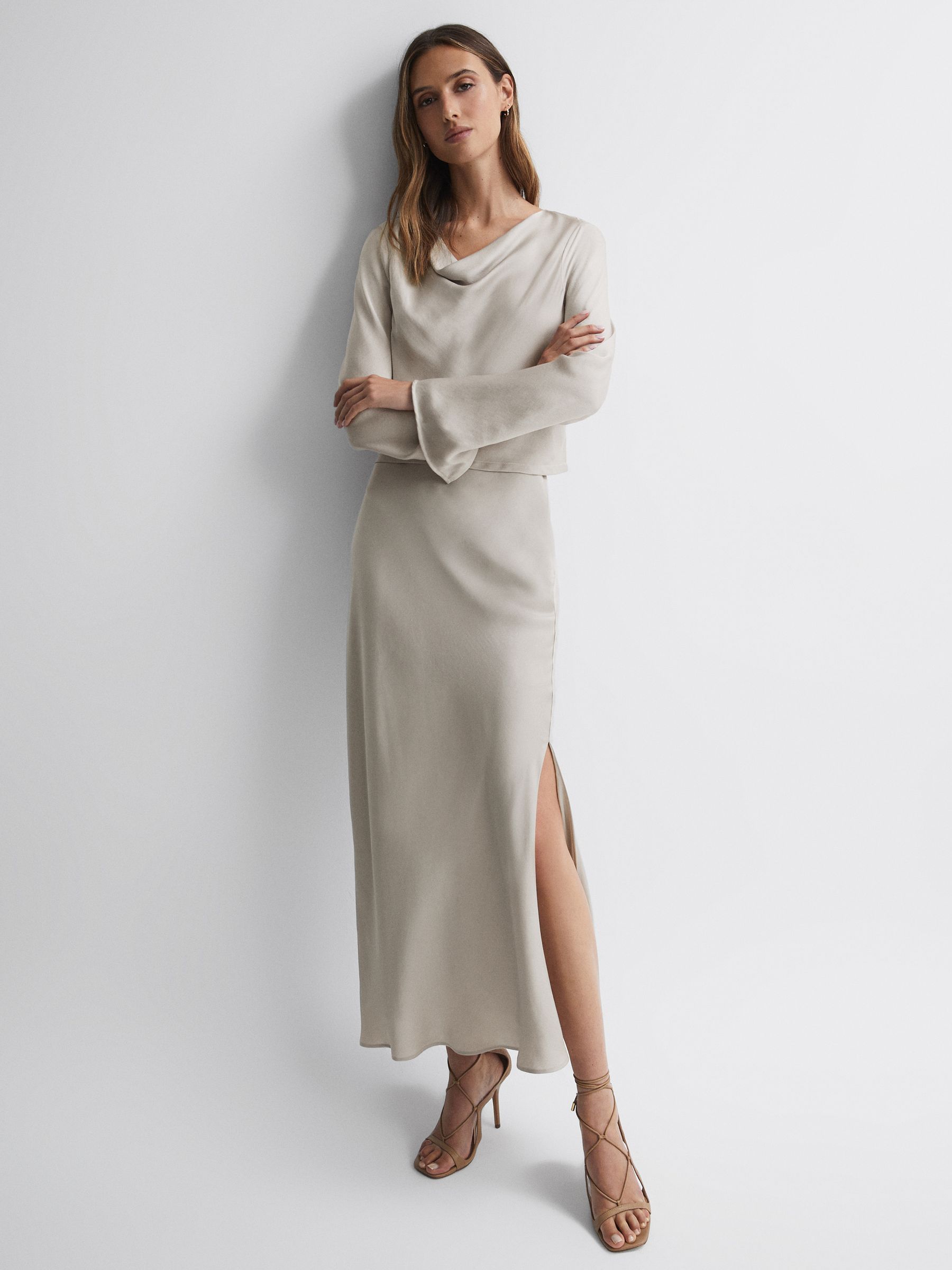 Metallic Fitted High Rise Midi Skirt in Silver - Image 3 of 4