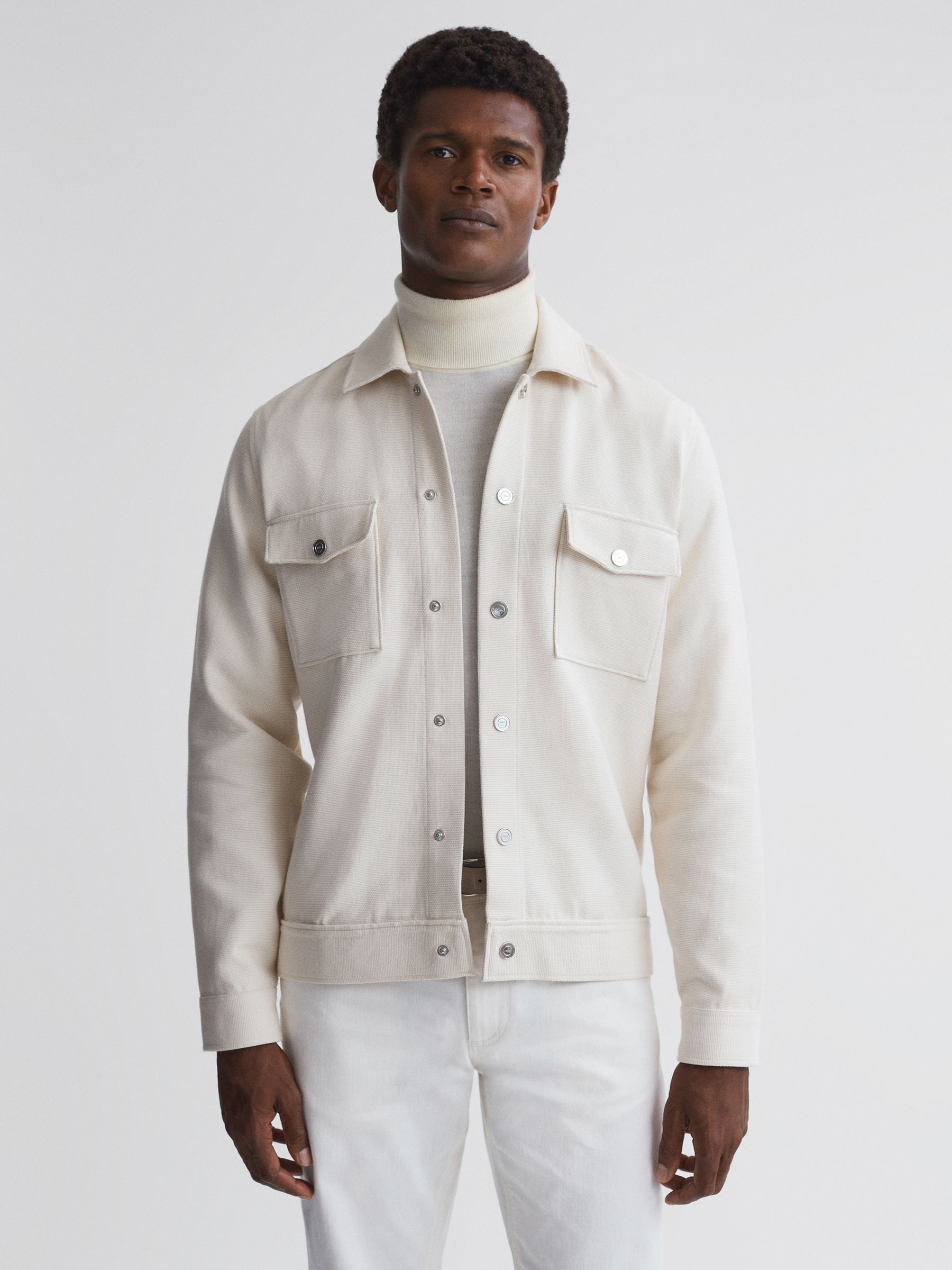 Textured Cotton Twin Pocket Overshirt in Ecru - Image 1 of 5