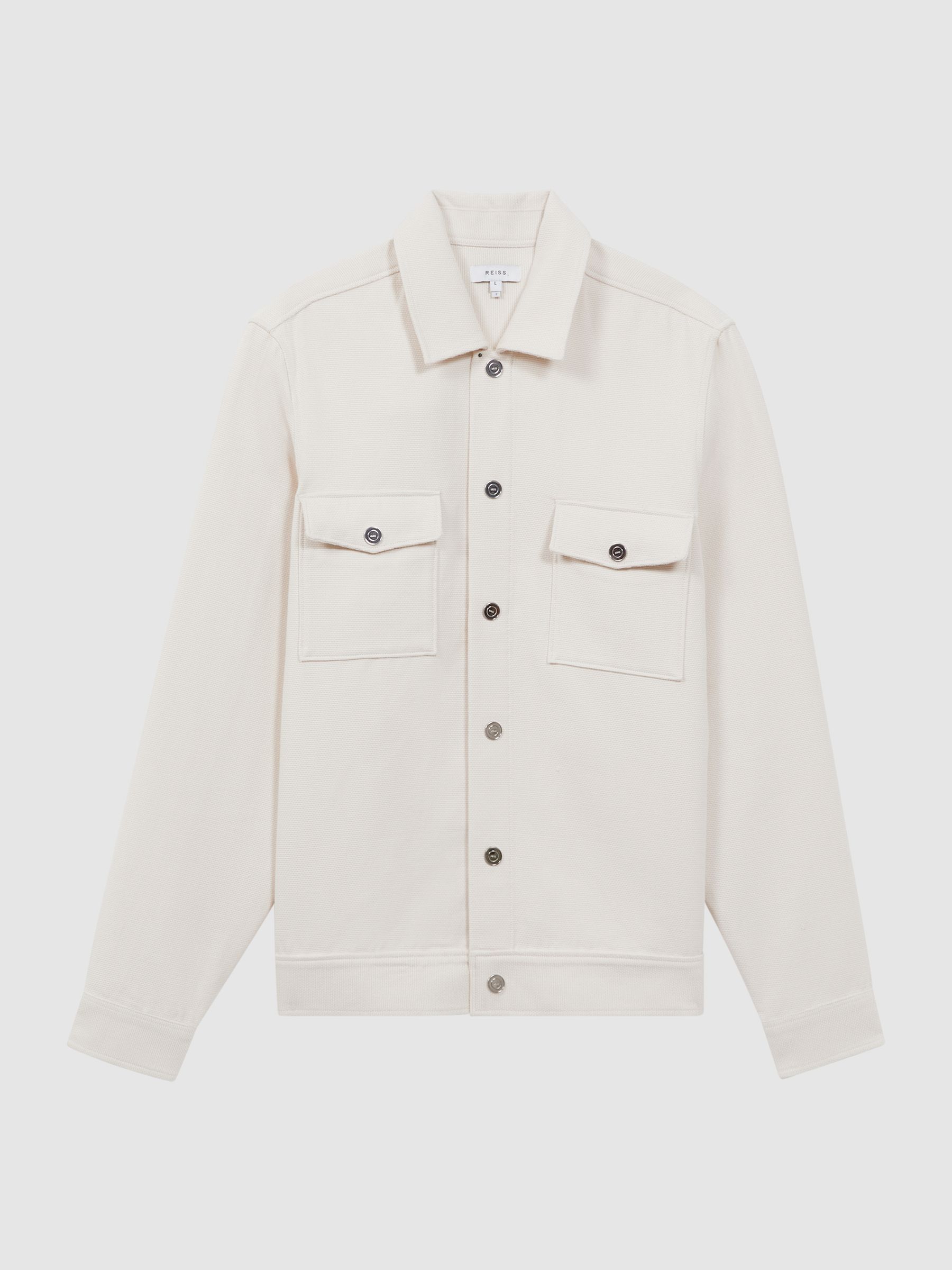 Textured Cotton Twin Pocket Overshirt in Ecru - Image 2 of 5